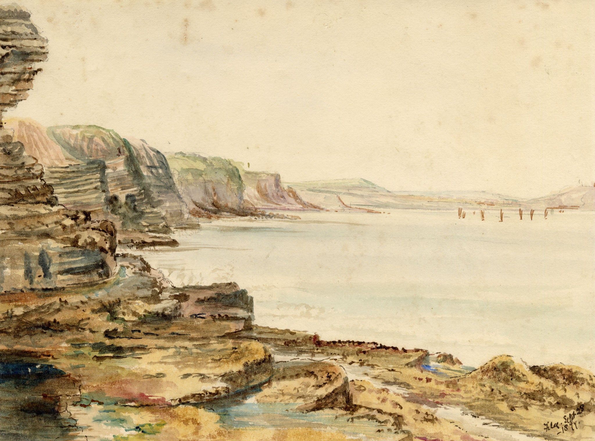 William Martin Conway, View from Filey Brigg towards Scarborough, Yorkshire Coast – 1877 watercolour painting