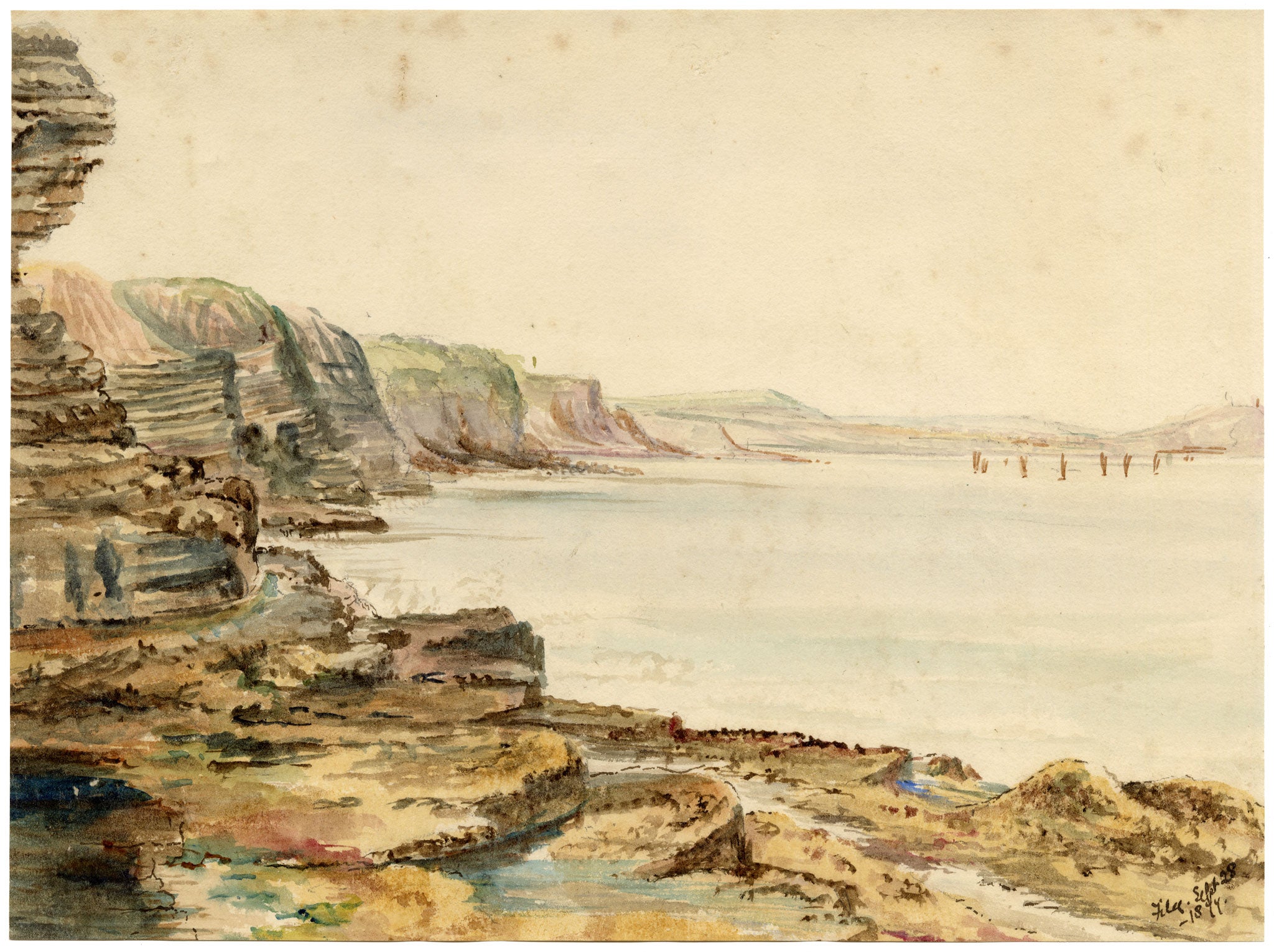 William Martin Conway, View from Filey Brigg towards Scarborough, Yorkshire Coast – 1877 watercolour painting