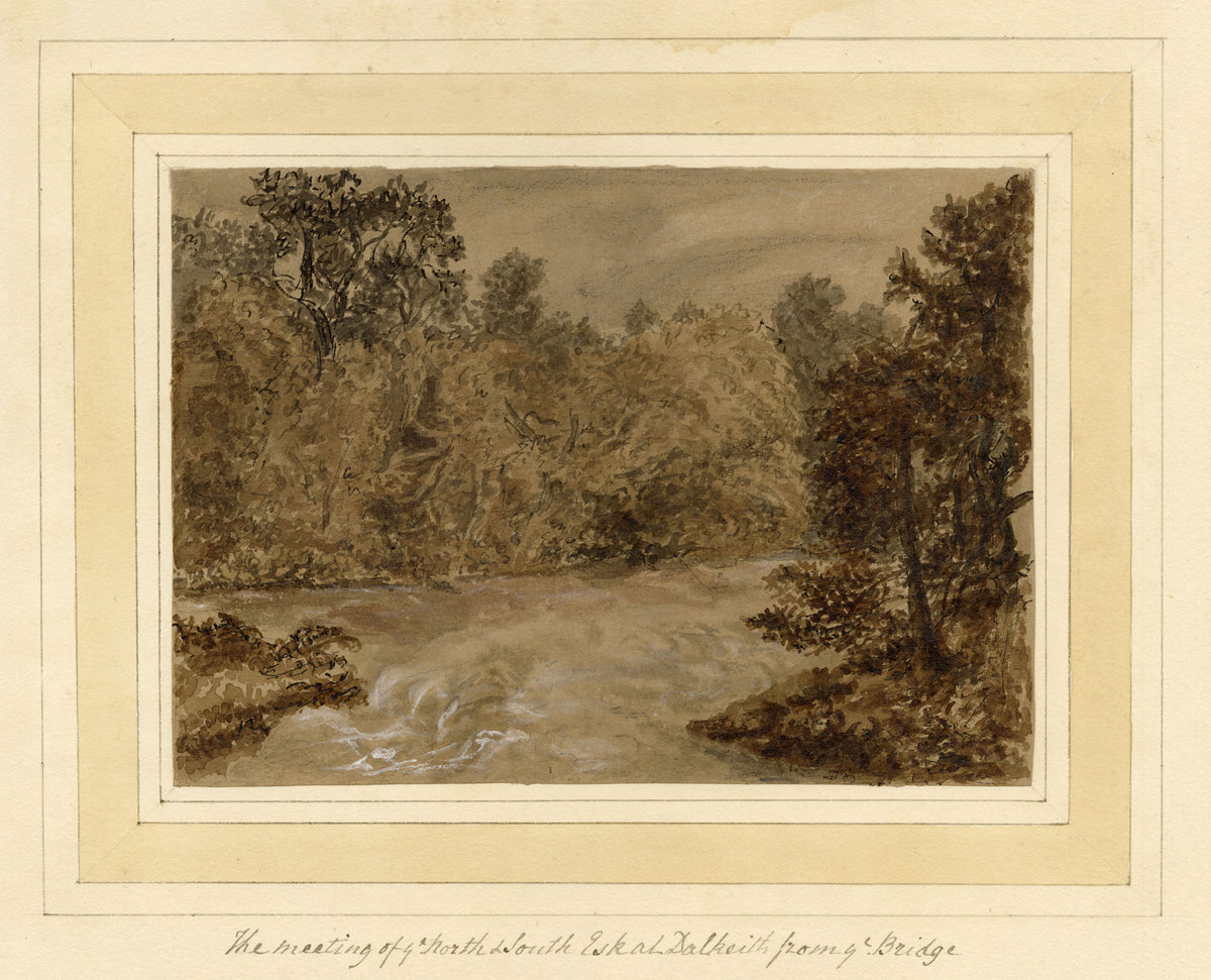 Mary Ann J. Thynne, Meeting of the North & South Esk at Dalkeith from the Bridge, Midlothian, Scotland – 1837 watercolour painting