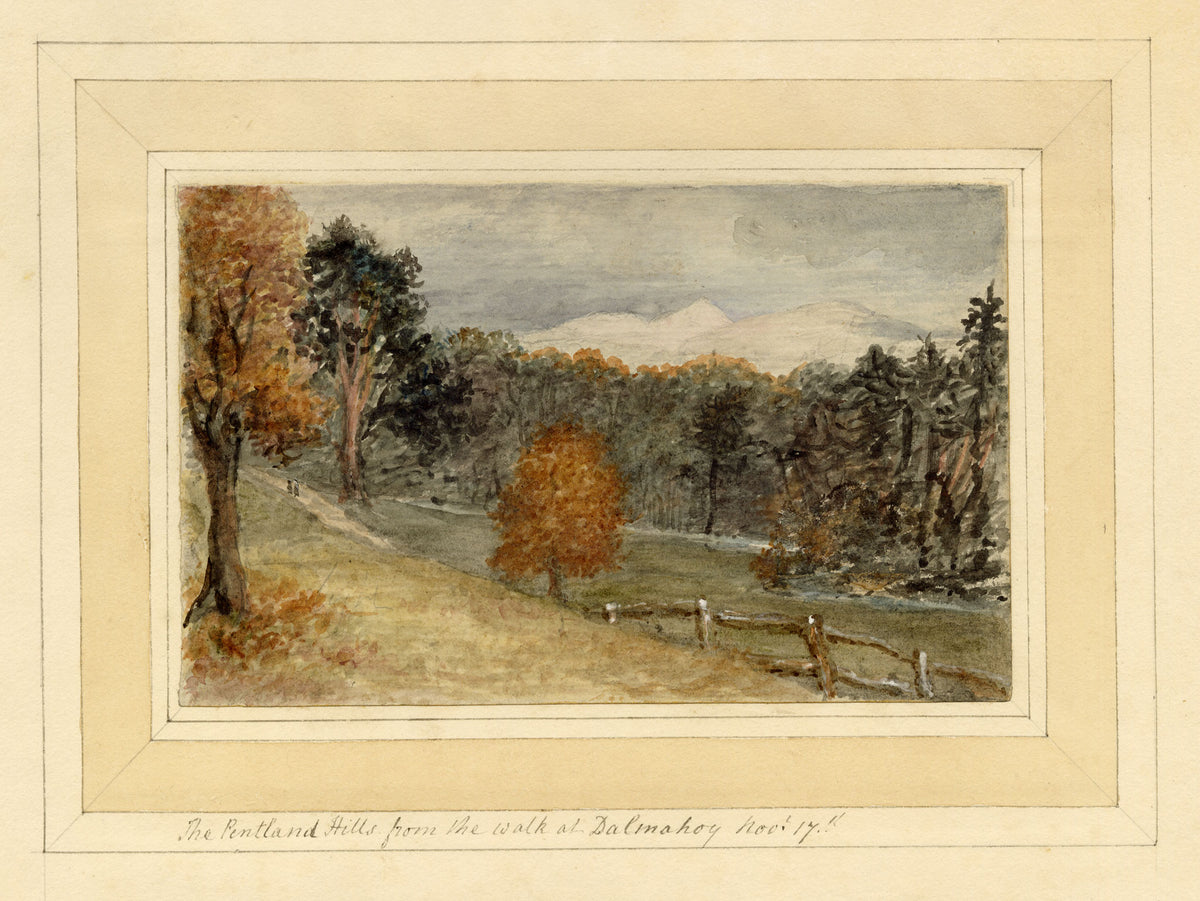 Mary Ann J. Thynne, Pentland Hills from the Walk at Dalmahoy, near Edinburgh, Scotland – 1837 watercolour painting