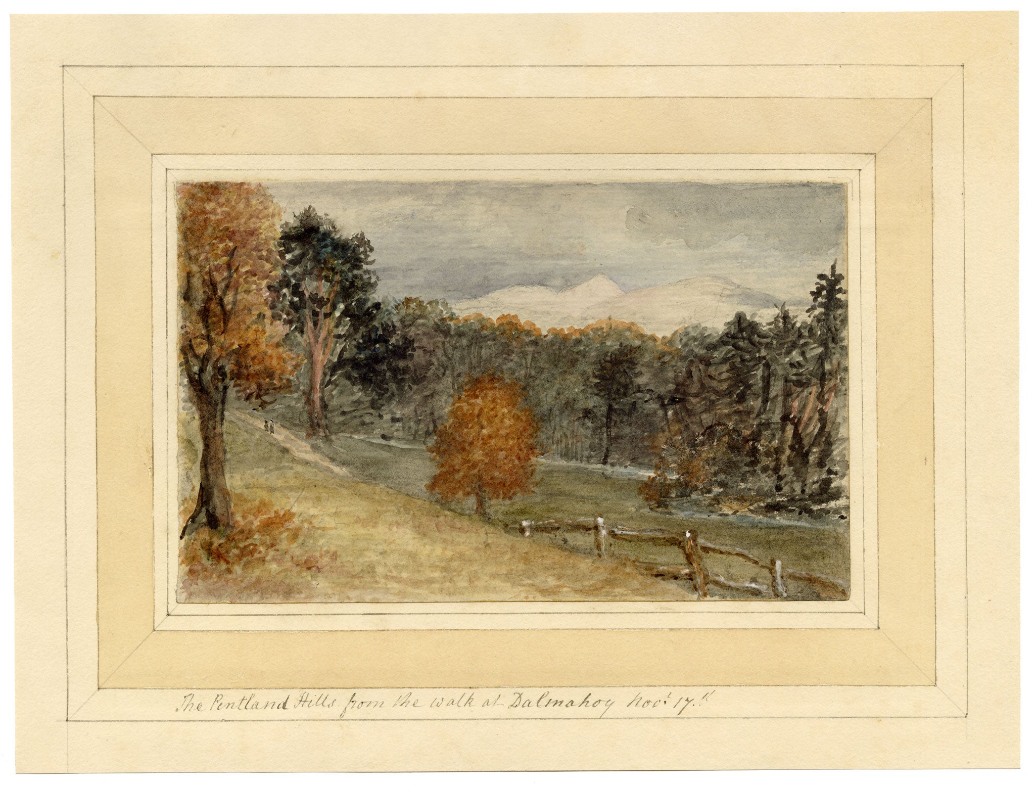 Mary Ann J. Thynne, Pentland Hills from the Walk at Dalmahoy, near Edinburgh, Scotland – 1837 watercolour painting