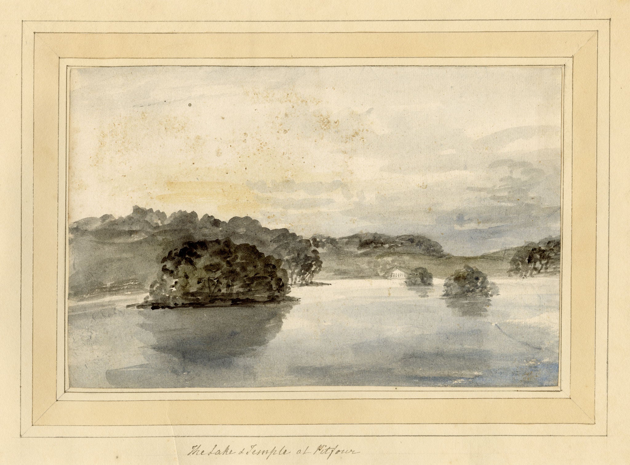 Mary Ann J. Thynne, Lake & Temple at Pitfour, Aberdeenshire, Scotland – 1837 watercolour painting