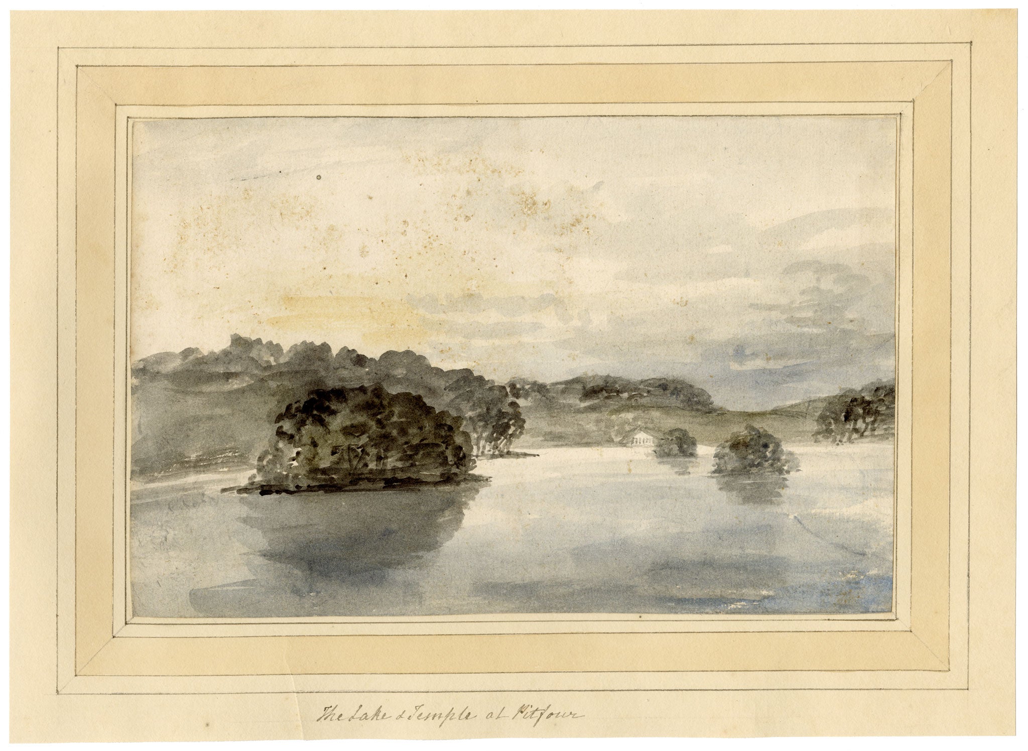 Mary Ann J. Thynne, Lake & Temple at Pitfour, Aberdeenshire, Scotland – 1837 watercolour painting