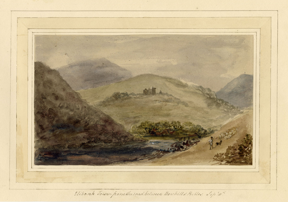 Mary Ann J. Thynne, Elibank Tower from the Road between Bowhill & Peebles, Scottish Borders – 1837 watercolour painting