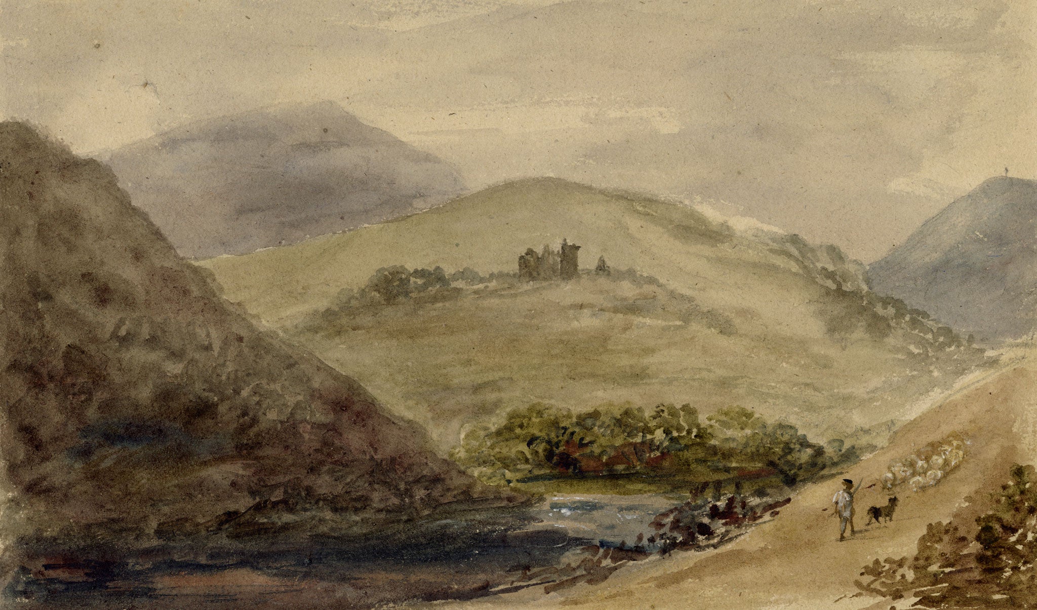 Mary Ann J. Thynne, Elibank Tower from the Road between Bowhill & Peebles, Scottish Borders – 1837 watercolour painting