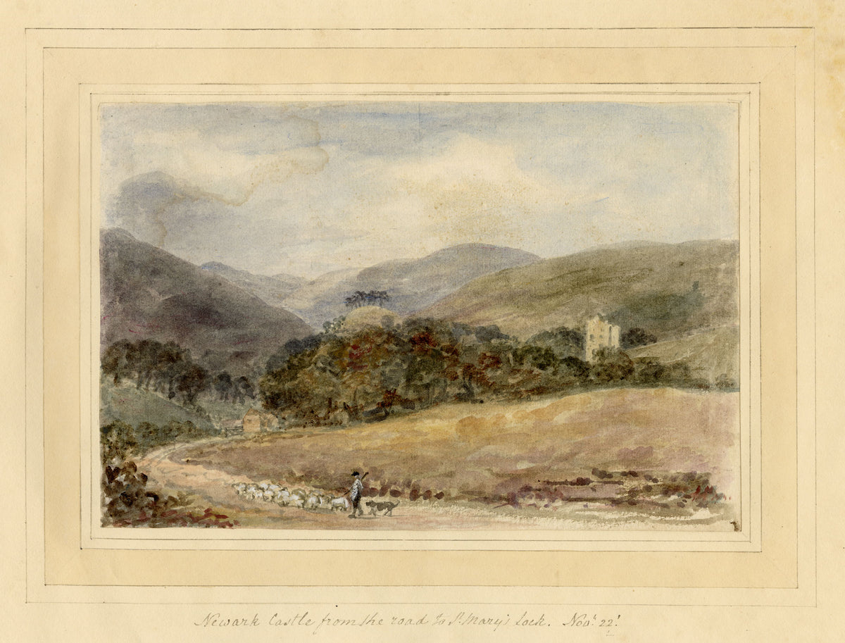 Mary Ann J. Thynne, Newark Castle from the Road to St Mary's Loch, Scottish Borders, Scotland – 1837 watercolour painting