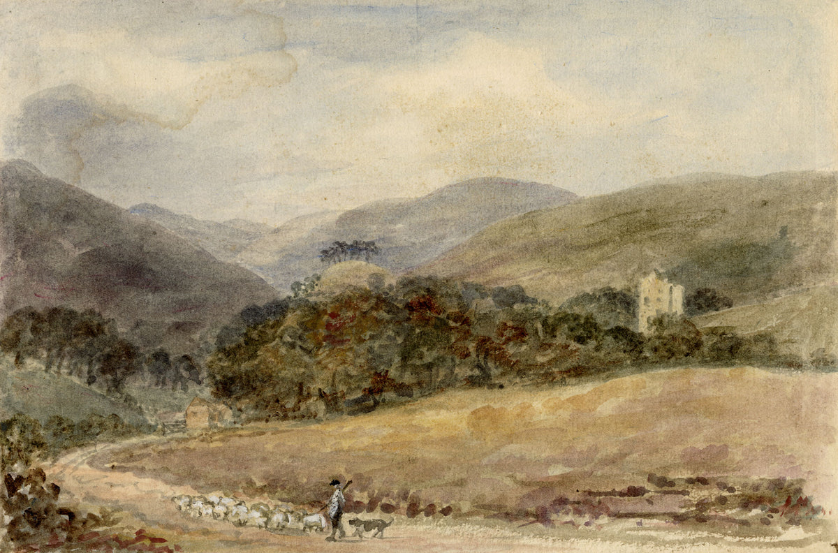 Mary Ann J. Thynne, Newark Castle from the Road to St Mary's Loch, Scottish Borders, Scotland – 1837 watercolour painting