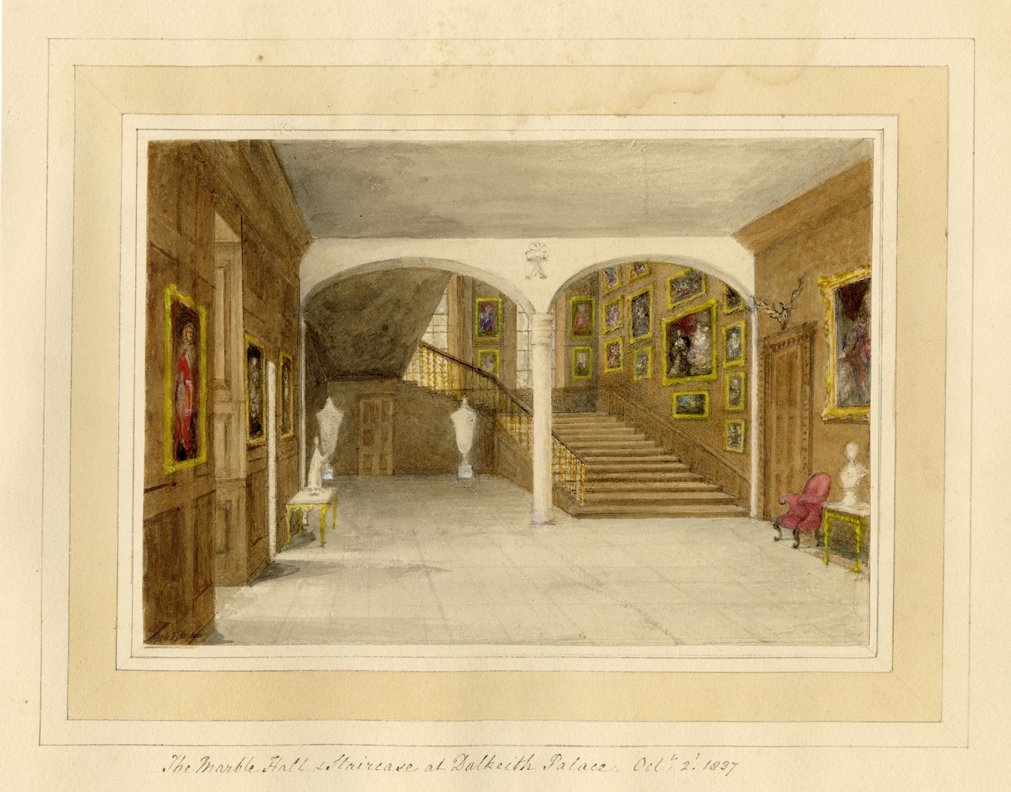 Mary Ann J. Thynne, Marble Hall & Staircase at Dalkeith Palace, Duke of Buccleuch, Midlothian, Scotland – 1837 watercolour painting
