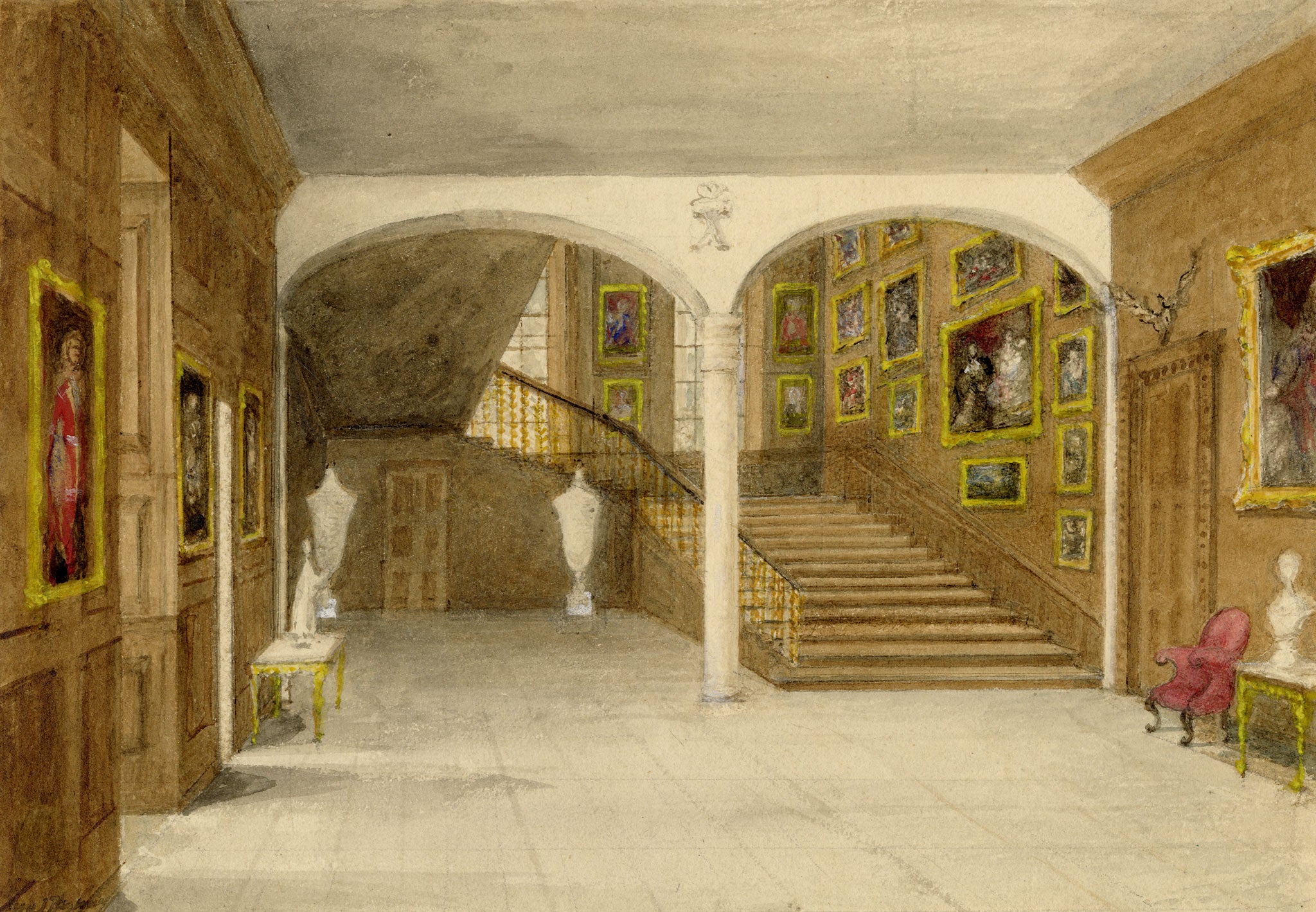 Mary Ann J. Thynne, Marble Hall & Staircase at Dalkeith Palace, Duke of Buccleuch, Midlothian, Scotland – 1837 watercolour painting