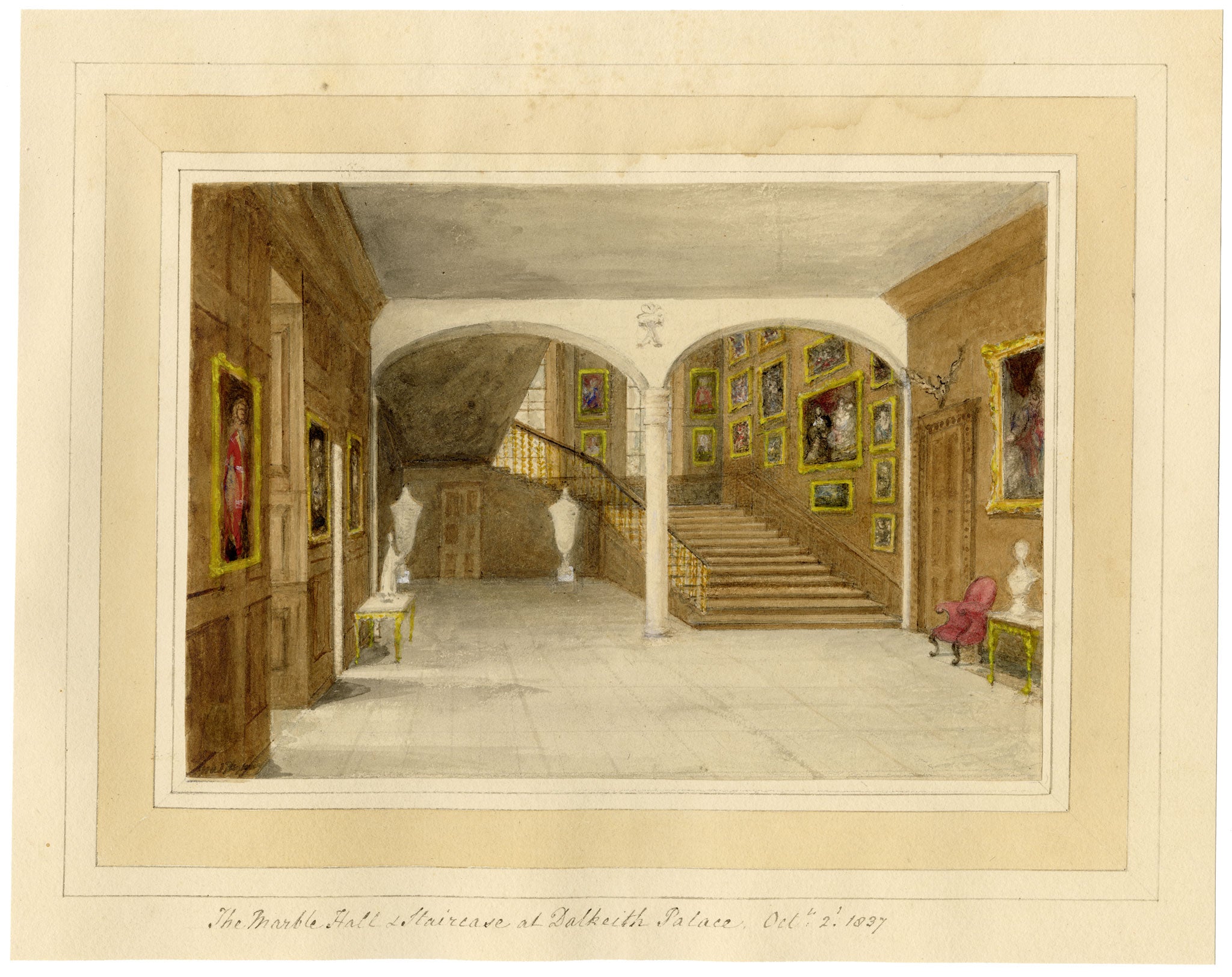Mary Ann J. Thynne, Marble Hall & Staircase at Dalkeith Palace, Duke of Buccleuch, Midlothian, Scotland – 1837 watercolour painting