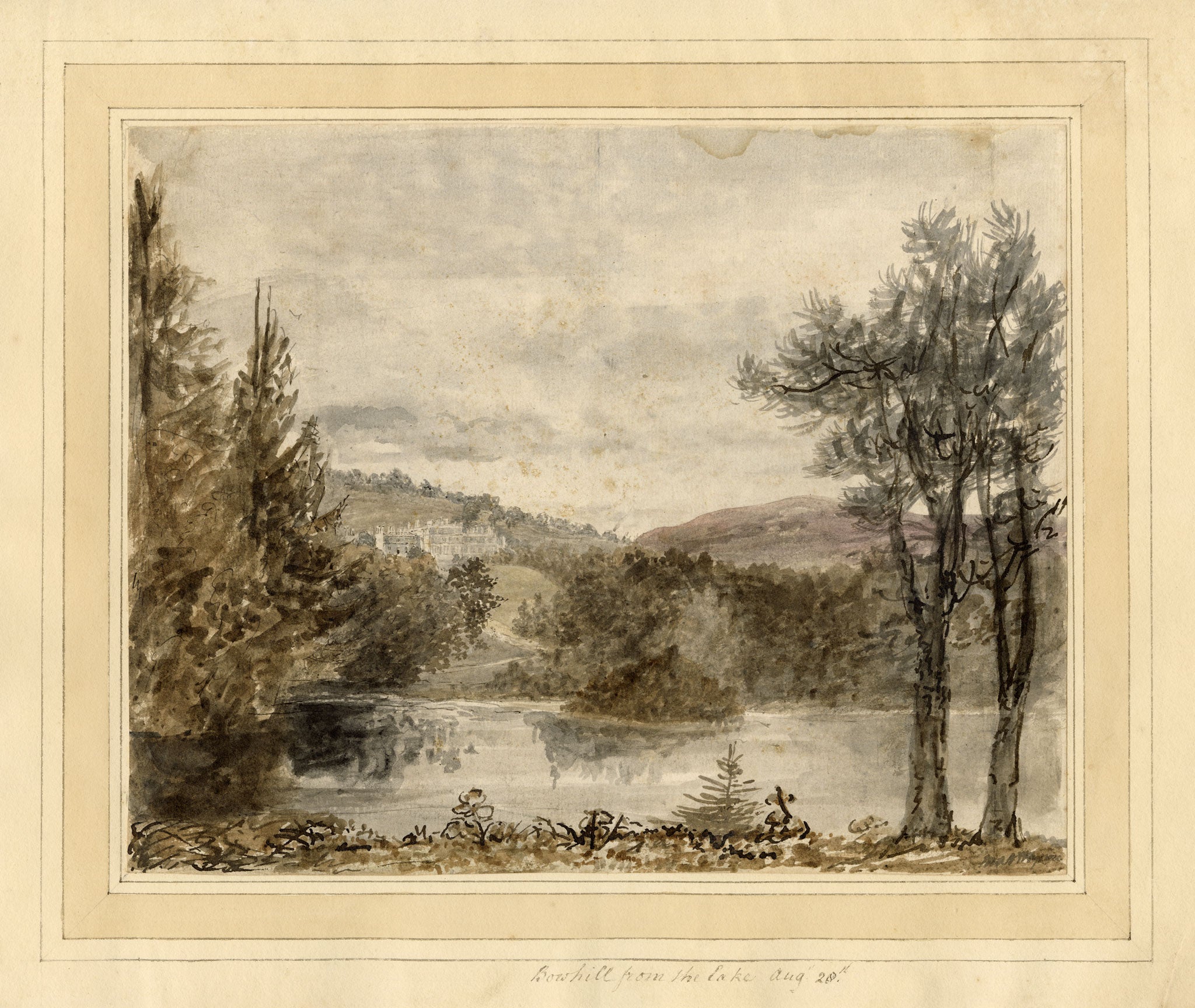 Mary Ann J. Thynne, Bowhill from the Lake, Duke of Buccleuch, Scottish Borders, Scotland – 1837 watercolour painting
