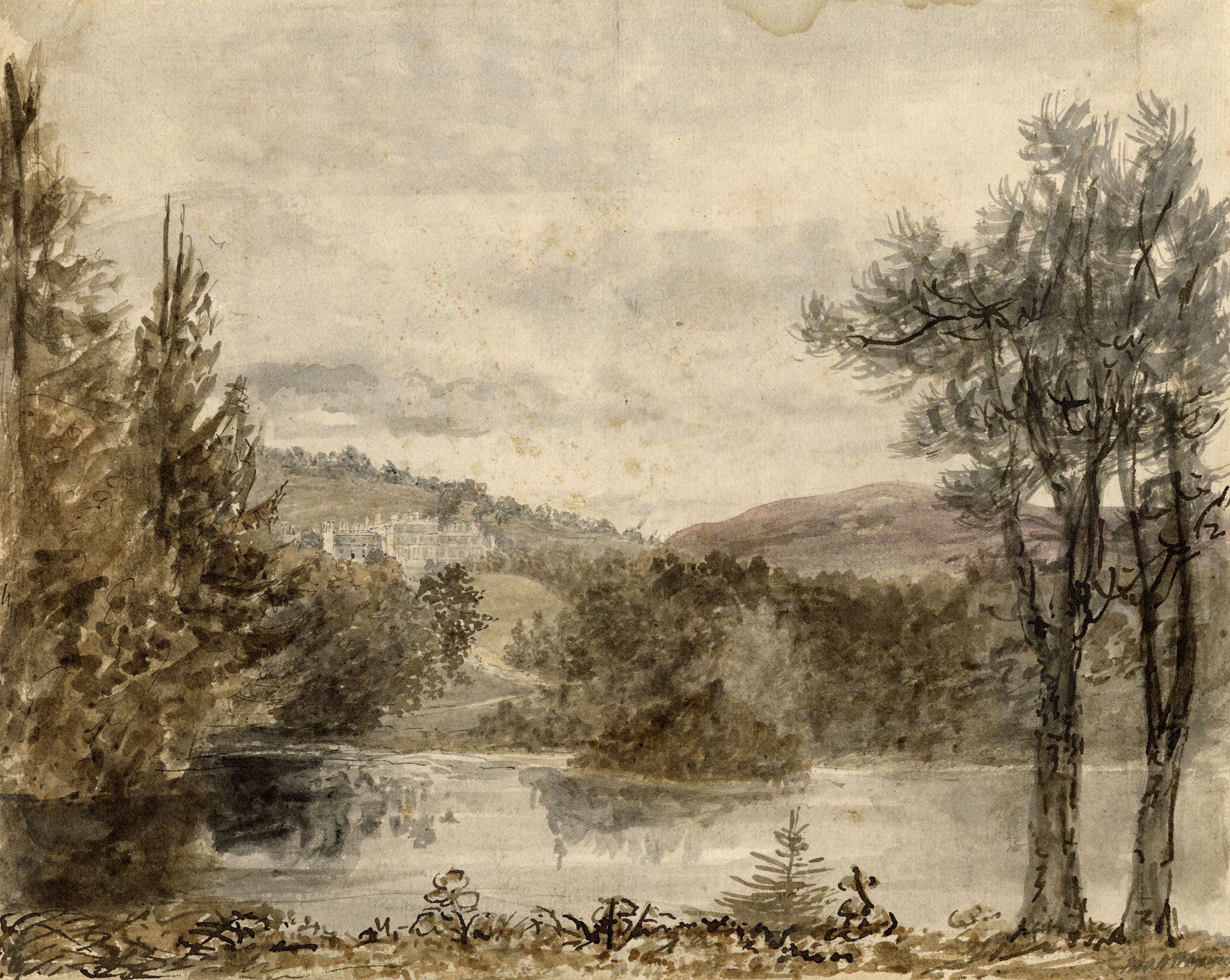 Mary Ann J. Thynne, Bowhill from the Lake, Duke of Buccleuch, Scottish Borders, Scotland – 1837 watercolour painting
