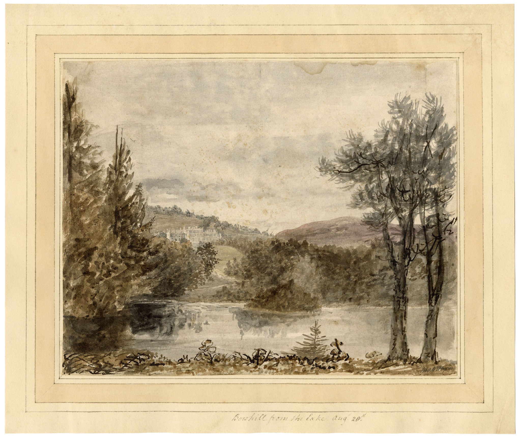 Mary Ann J. Thynne, Bowhill from the Lake, Duke of Buccleuch, Scottish Borders, Scotland – 1837 watercolour painting