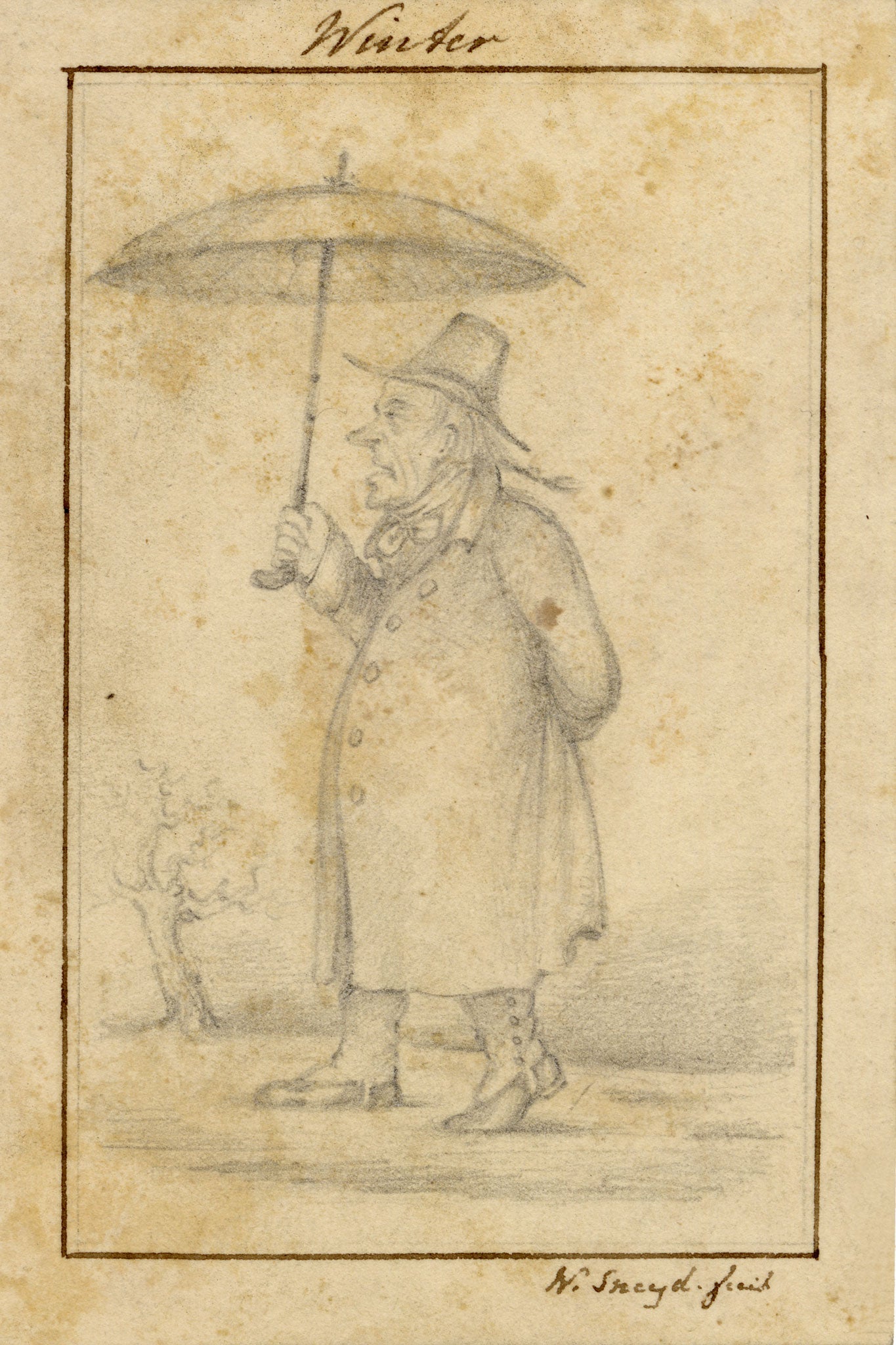 Walter Sneyd, Winter Caricature, Greek God Boreas in Human Form – Mid-19th-century graphite drawing