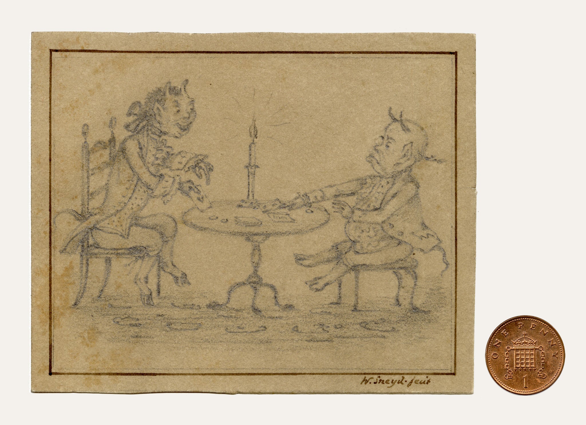 Walter Sneyd, Devils Playing Card Game Caricature – Mid-19th-century graphite drawing