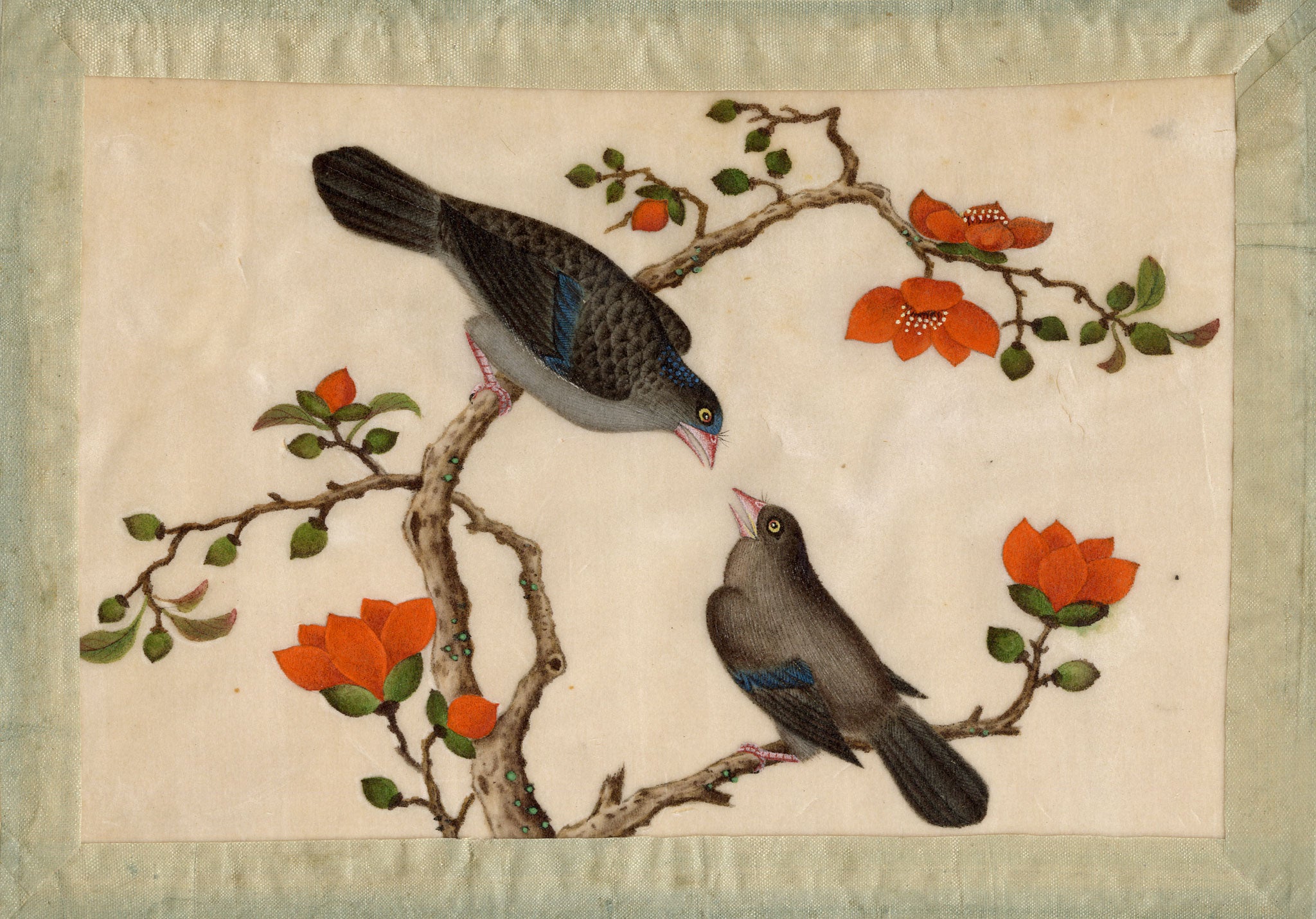 Antique 19th-century Chinese Pith Painting – Pair of Dove or Pigeon Birds on Flowering Branch