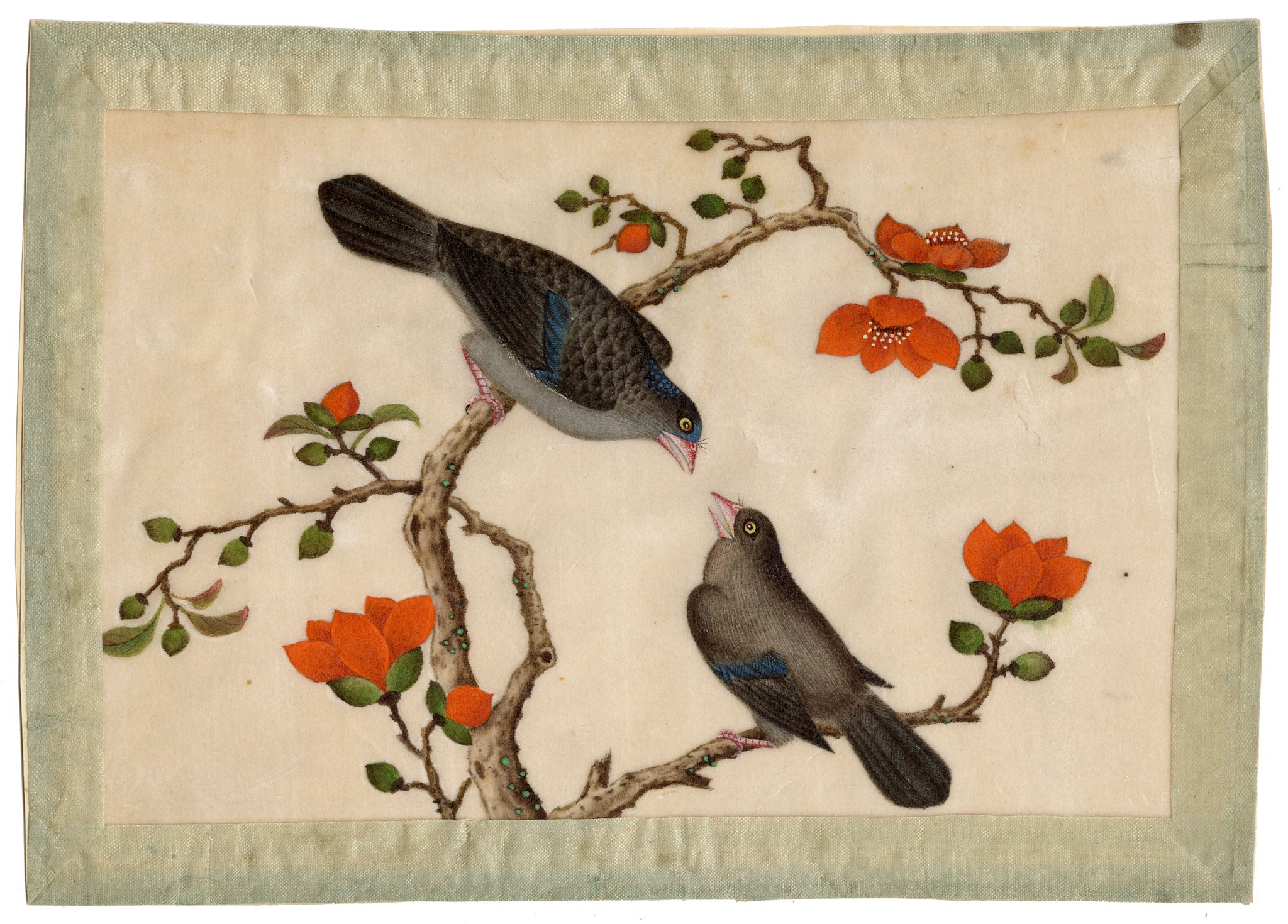 Antique 19th-century Chinese Pith Painting – Pair of Dove or Pigeon Birds on Flowering Branch