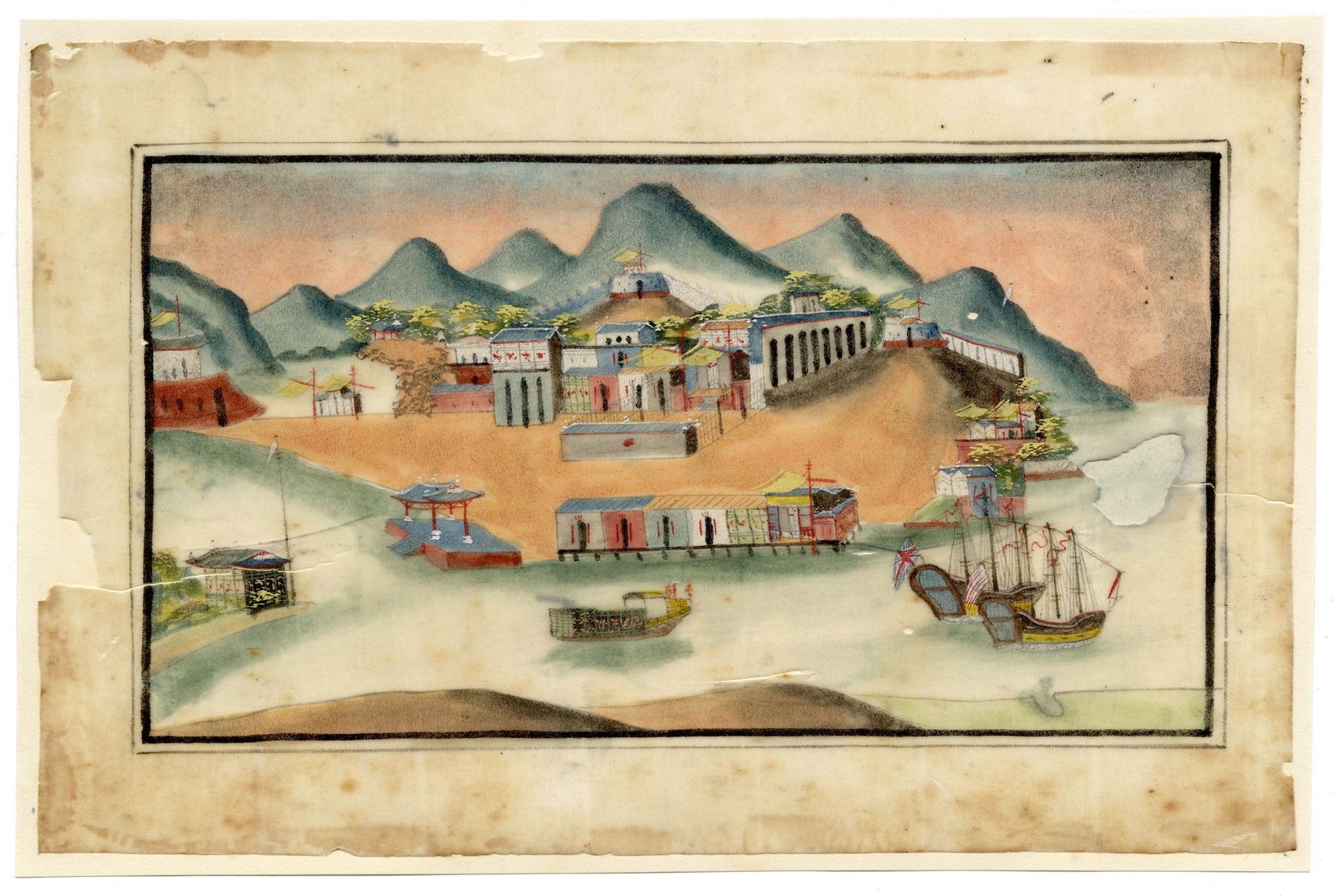 Antique 19th-century Chinese Pith Painting – Pearl River, Macau Harbour