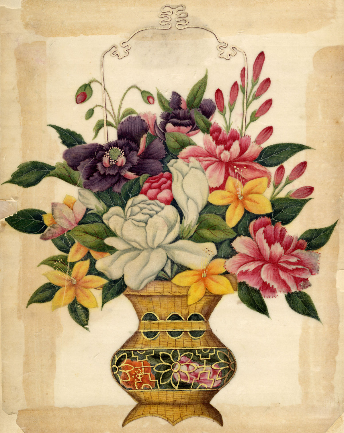 Antique 19th-century Chinese Pith Painting – Flower Bouquet in a Woven Vase