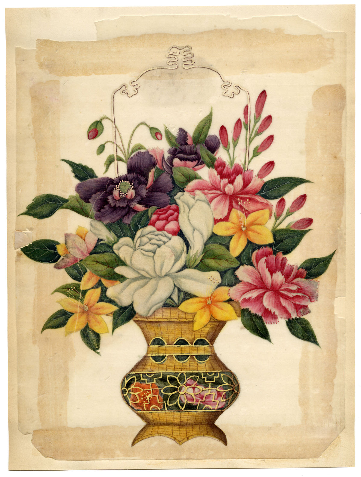 Antique 19th-century Chinese Pith Painting – Flower Bouquet in a Woven Vase