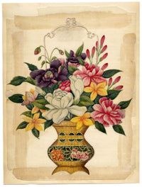 Antique 19th-century Chinese Pith Painting – Flower Bouquet in a Woven Vase