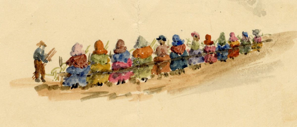 Rosa E. Neumann, Women Willow Weaving Miniature Study – Late 19th-century watercolour painting