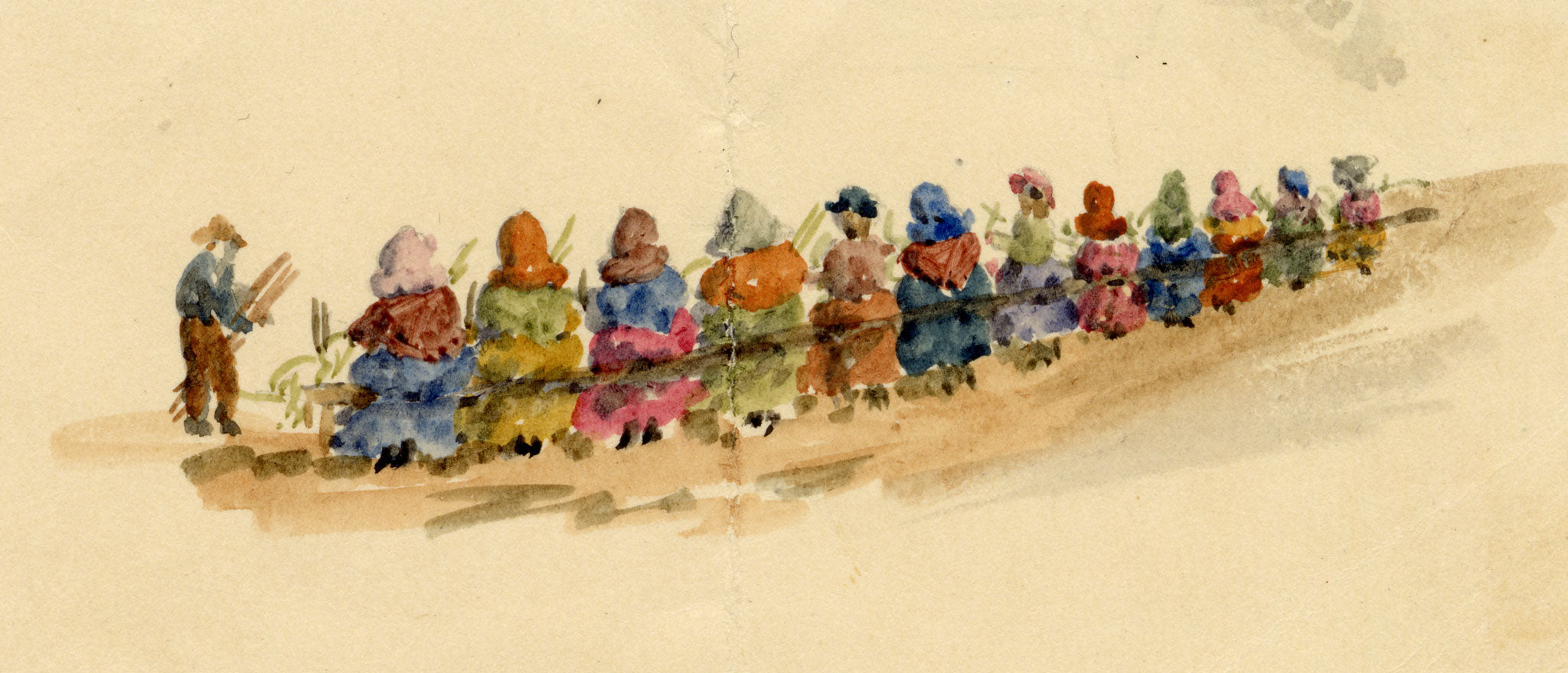 Rosa E. Neumann, Women Willow Weaving Miniature Study – Late 19th-century watercolour painting