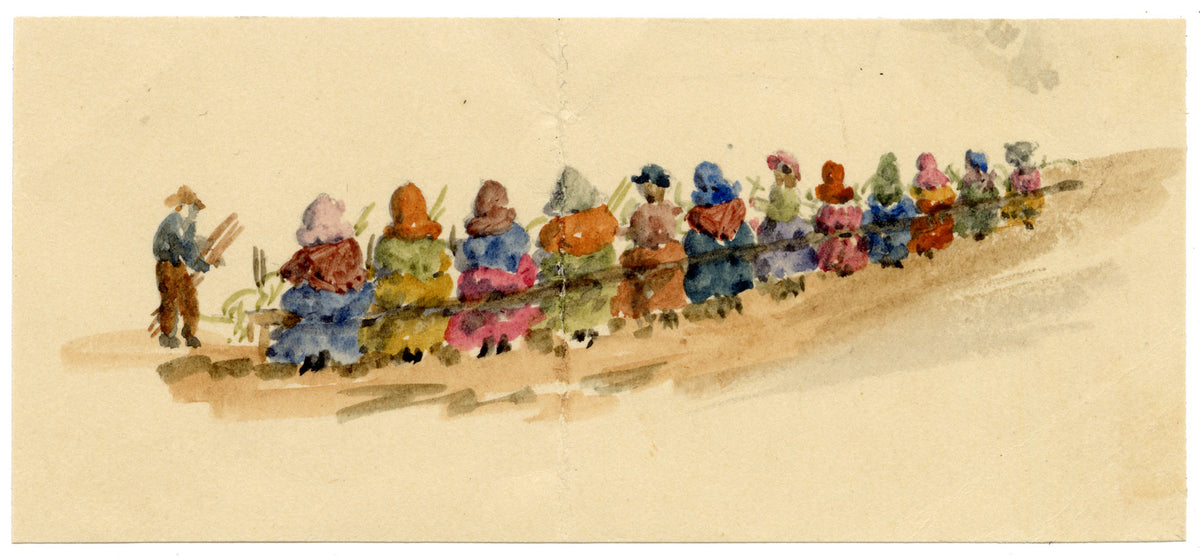 Rosa E. Neumann, Women Willow Weaving Miniature Study – Late 19th-century watercolour painting