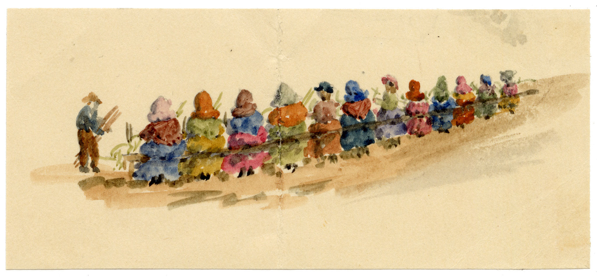 Rosa E. Neumann, Women Willow Weaving Miniature Study – Late 19th-century watercolour painting