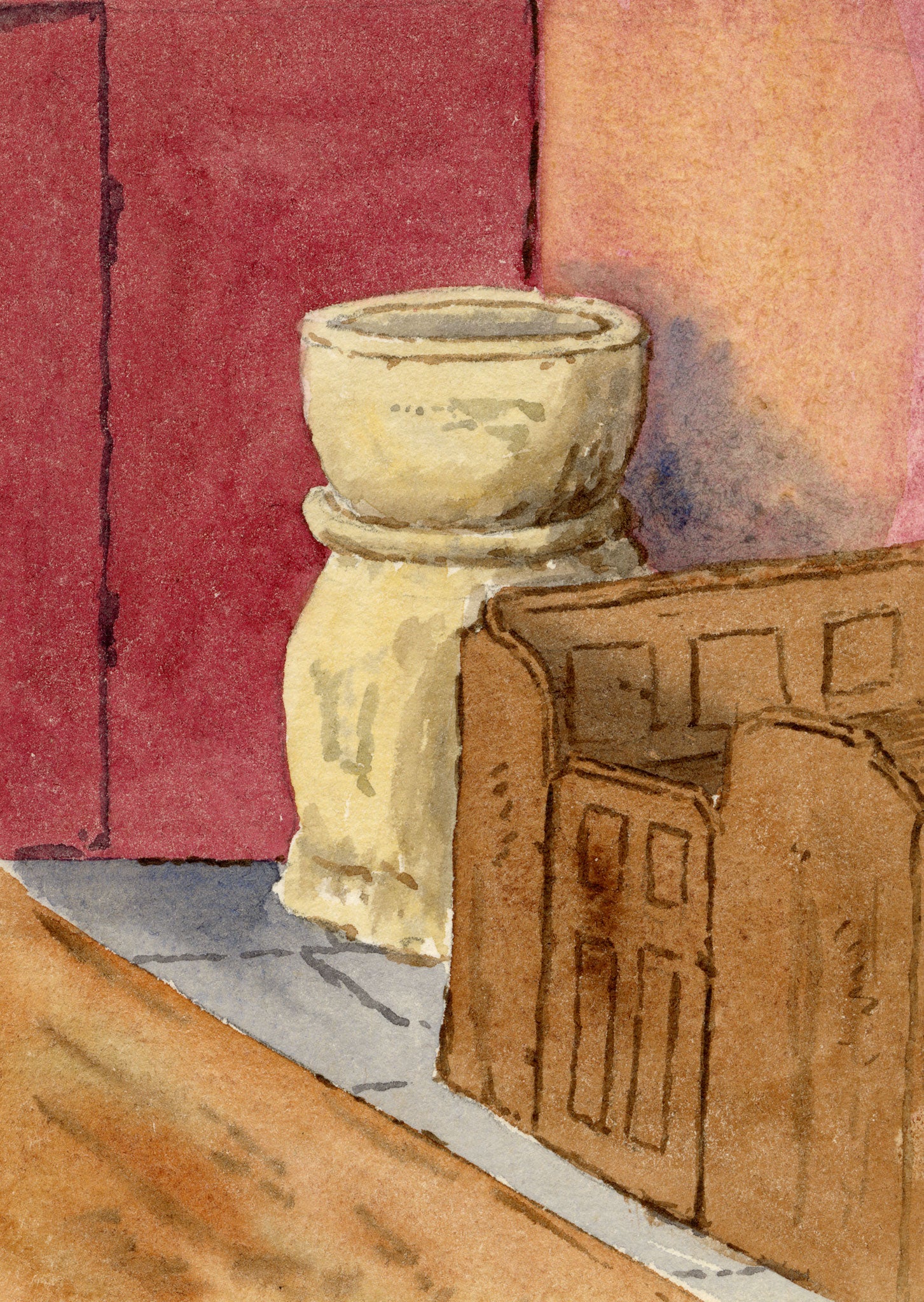 Rosa E. Neumann, Clyst St Lawrence Church, Norman Volcanic Stone Font, Devon – 1888 watercolour painting