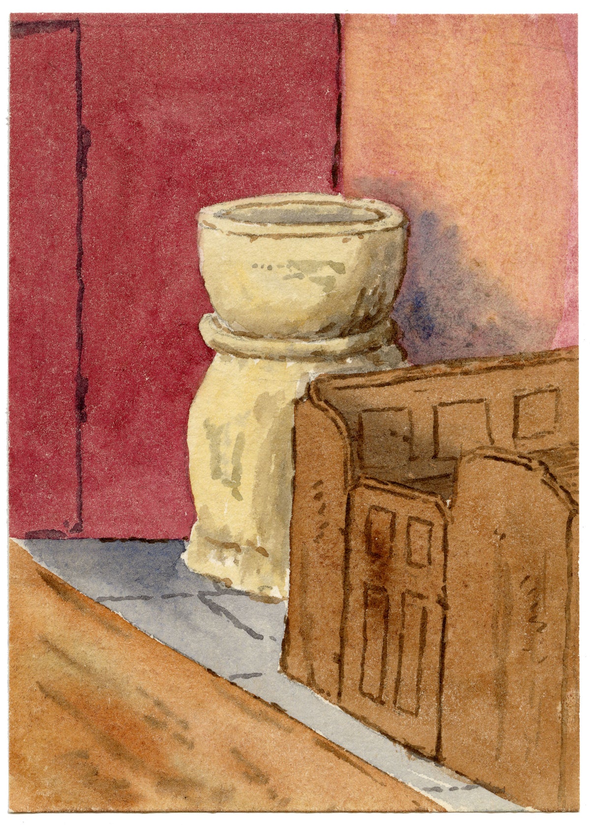 Rosa E. Neumann, Clyst St Lawrence Church, Norman Volcanic Stone Font, Devon – 1888 watercolour painting