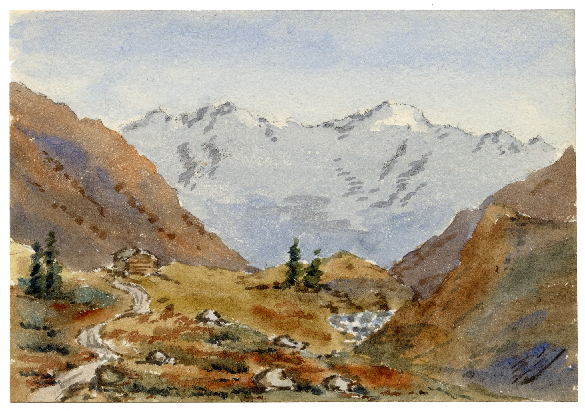 Rosa E. Neumann, Towards Dürrboden, Dischma Valley, Davos, Switzerland – 1899 watercolour painting