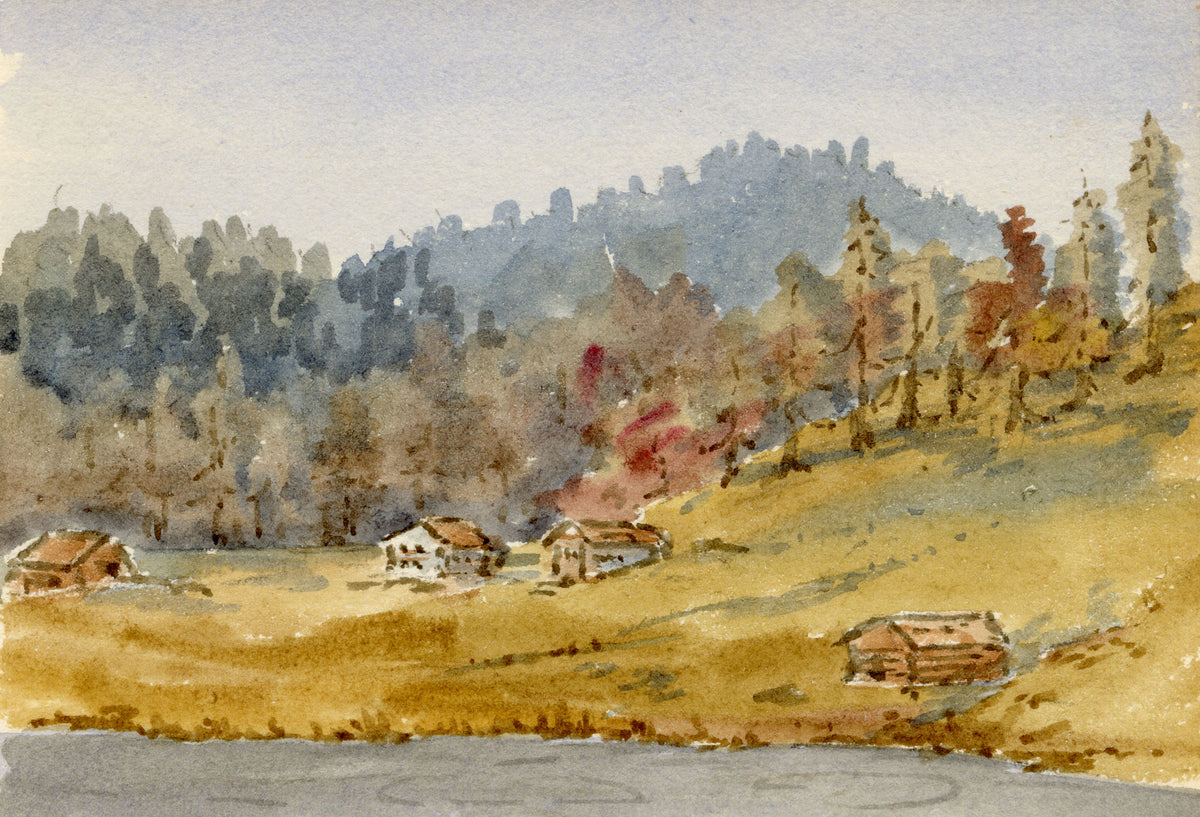 Rosa E. Neumann, Chalets by Lake Schwarzsee, Laret, Davos, Switzerland – 1899 watercolour painting