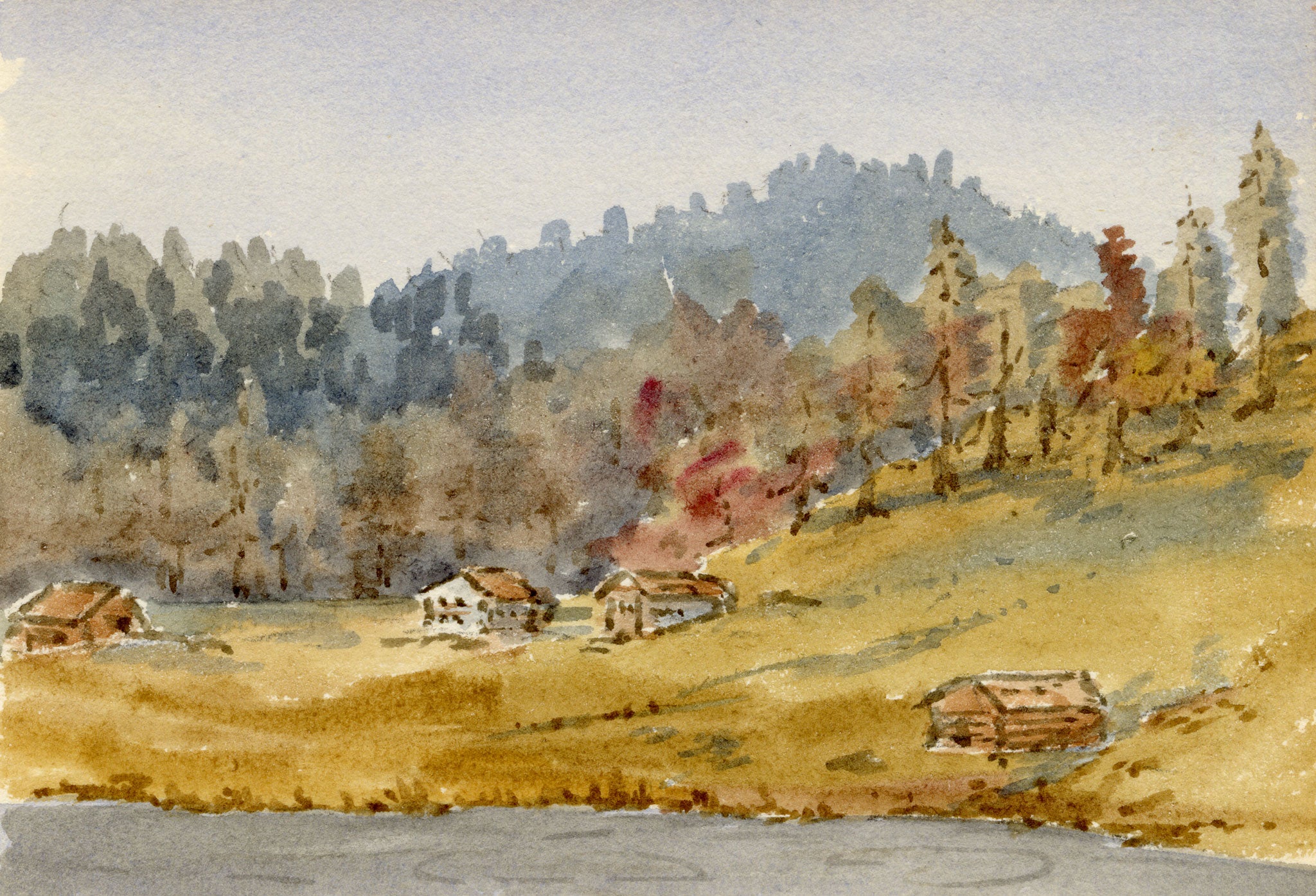 Rosa E. Neumann, Chalets by Lake Schwarzsee, Laret, Davos, Switzerland – 1899 watercolour painting