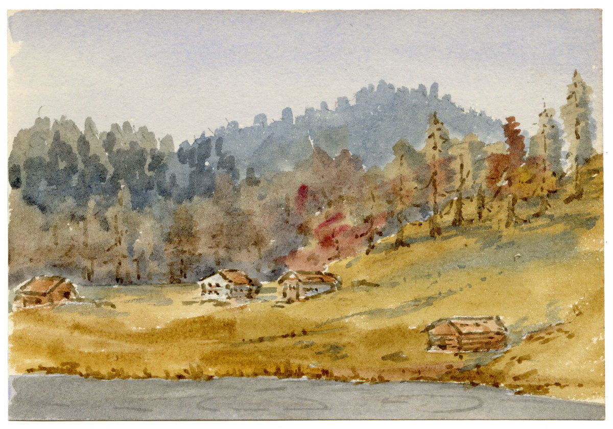 Rosa E. Neumann, Chalets by Lake Schwarzsee, Laret, Davos, Switzerland – 1899 watercolour painting
