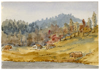 Rosa E. Neumann, Chalets by Lake Schwarzsee, Laret, Davos, Switzerland – 1899 watercolour painting