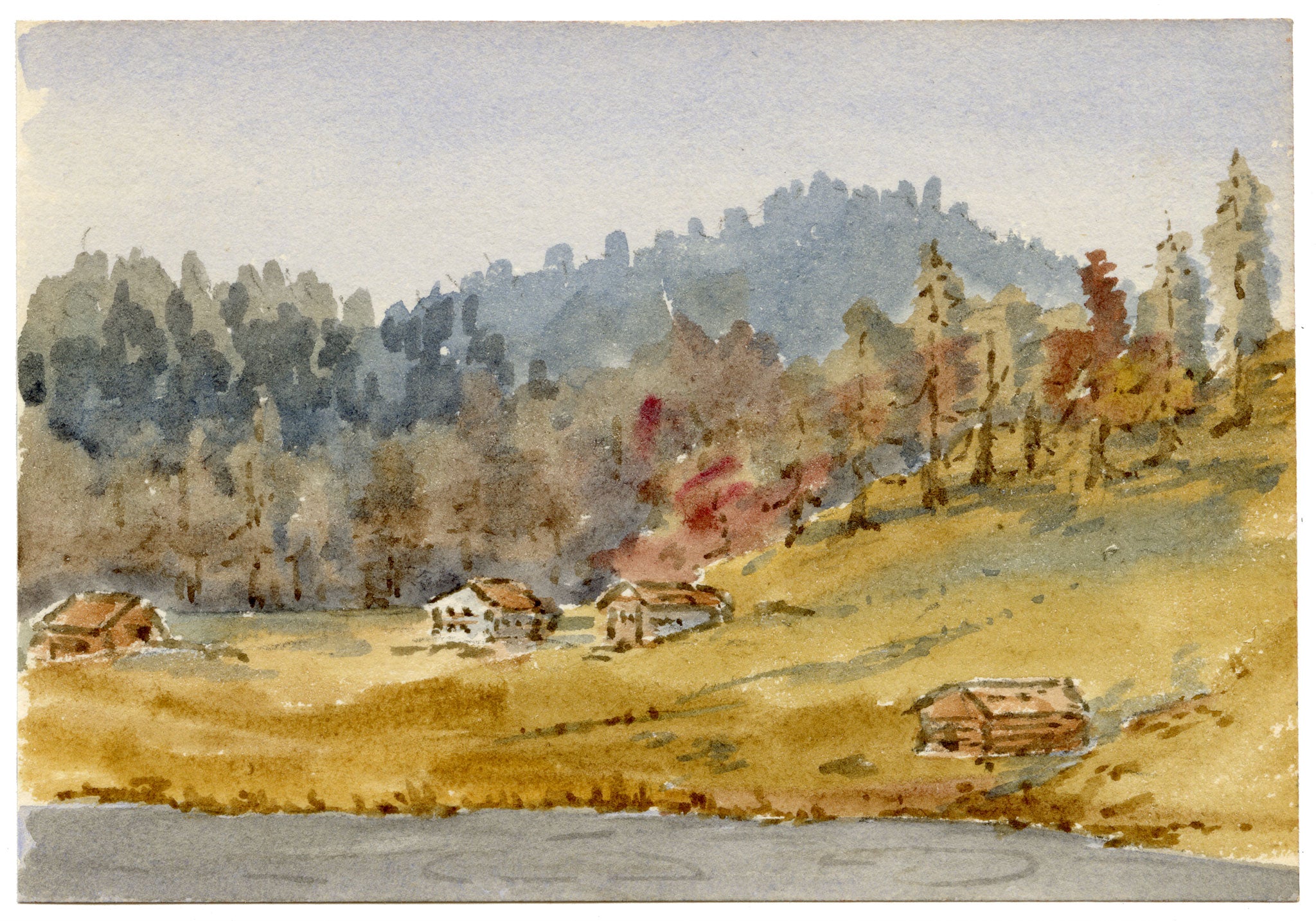 Rosa E. Neumann, Chalets by Lake Schwarzsee, Laret, Davos, Switzerland – 1899 watercolour painting