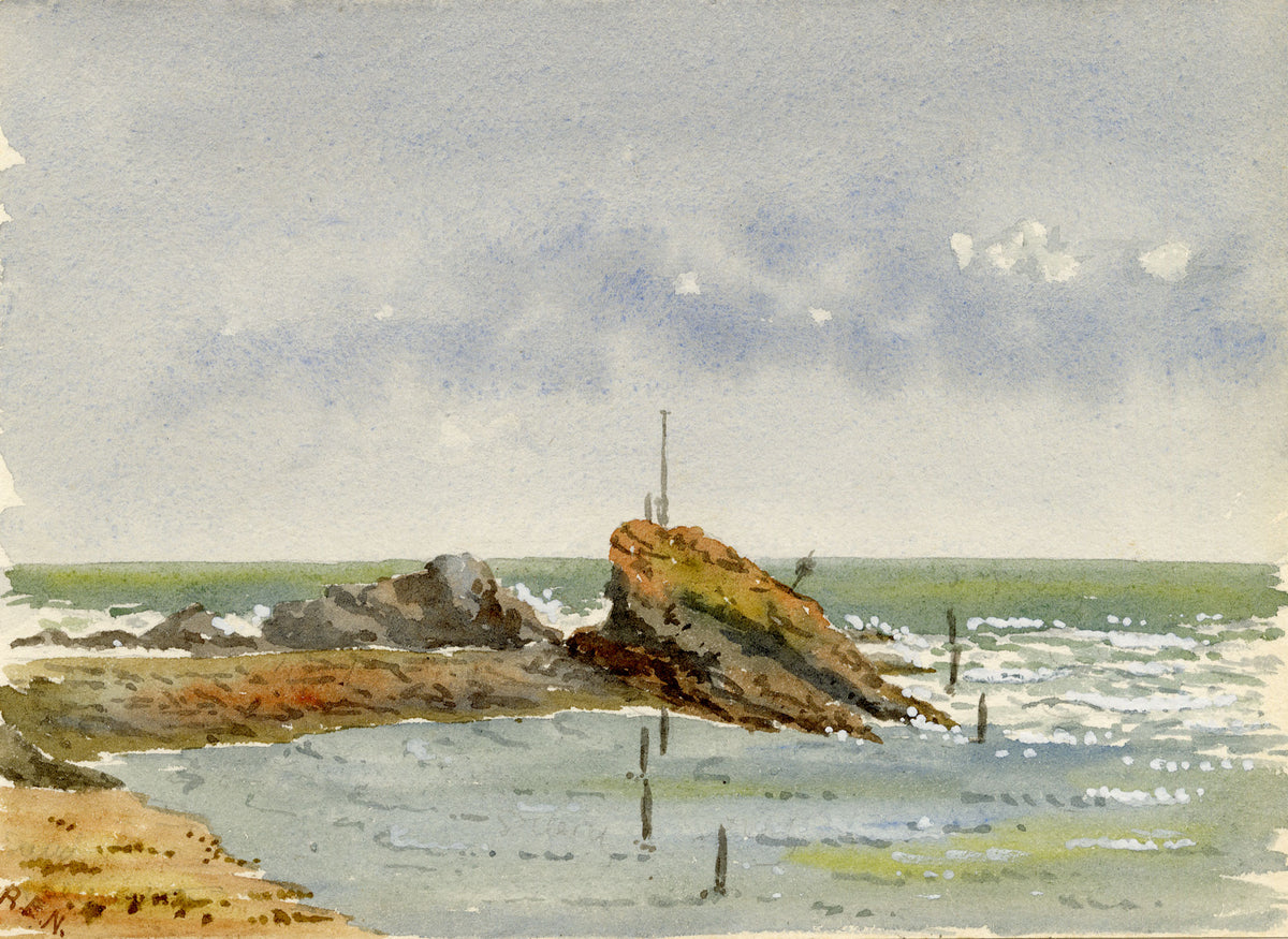 Rosa E. Neumann, Breakwater & Chapel Rock, Bude, Cornwall – 1889 watercolour painting