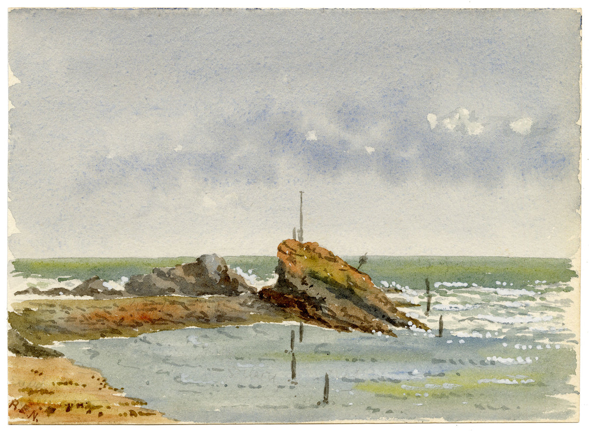 Rosa E. Neumann, Breakwater & Chapel Rock, Bude, Cornwall – 1889 watercolour painting