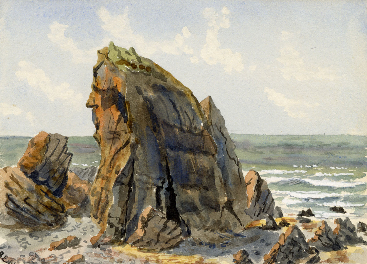Rosa E. Neumann, Rocks beyond the Bathing Beach, Bude, Cornwall – 1889 watercolour painting