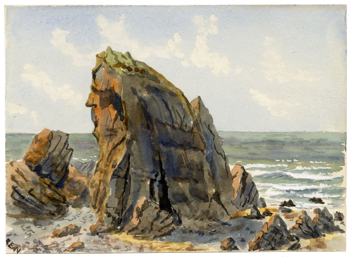 Rosa E. Neumann, Rocks beyond the Bathing Beach, Bude, Cornwall – 1889 watercolour painting