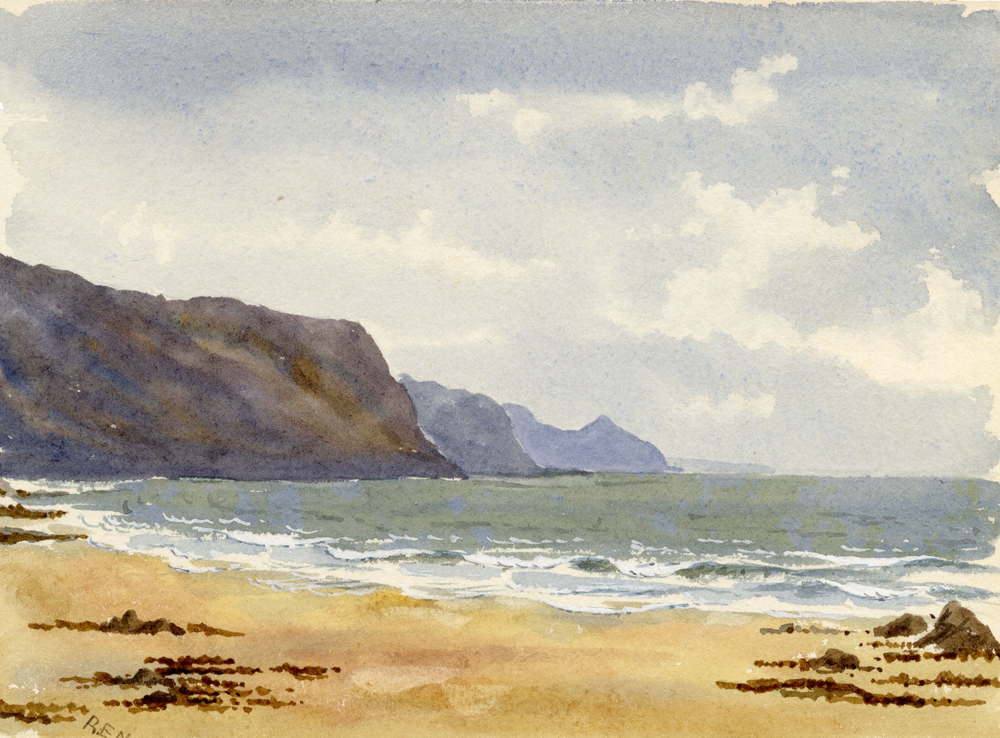 Rosa E. Neumann, Widemouth Bay near Bude, Cornwall – 1889 watercolour painting
