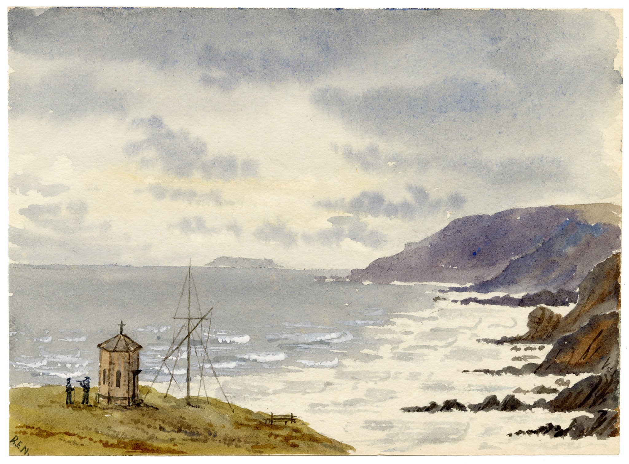 Rosa E. Neumann, Sharpnose from Storm Tower, Compass Point, Bude, Cornwall – 1889 watercolour painting