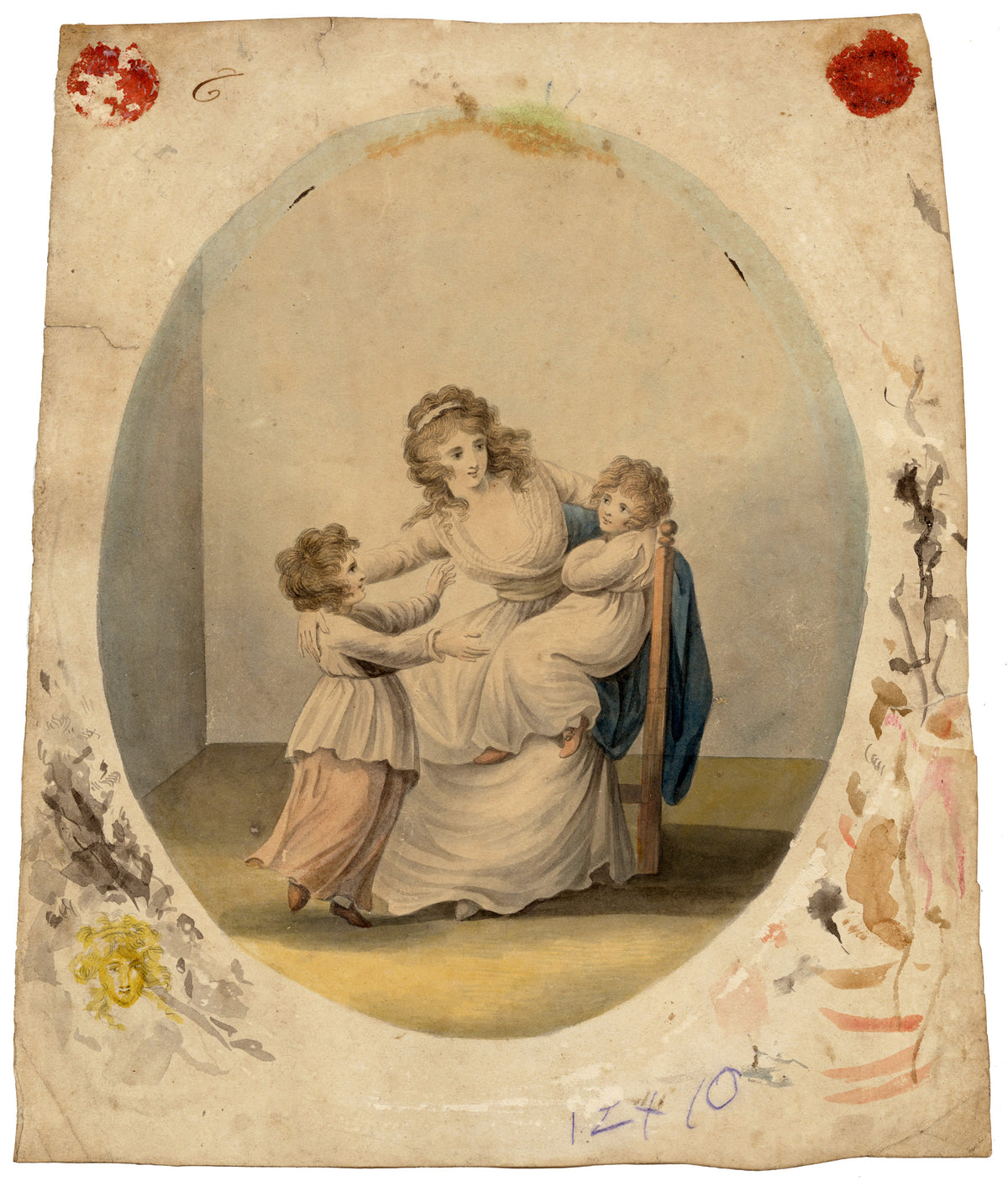Attrib. Henry William Bunbury, Lady Rushout Seated & Children – 18th-century watercolour painting