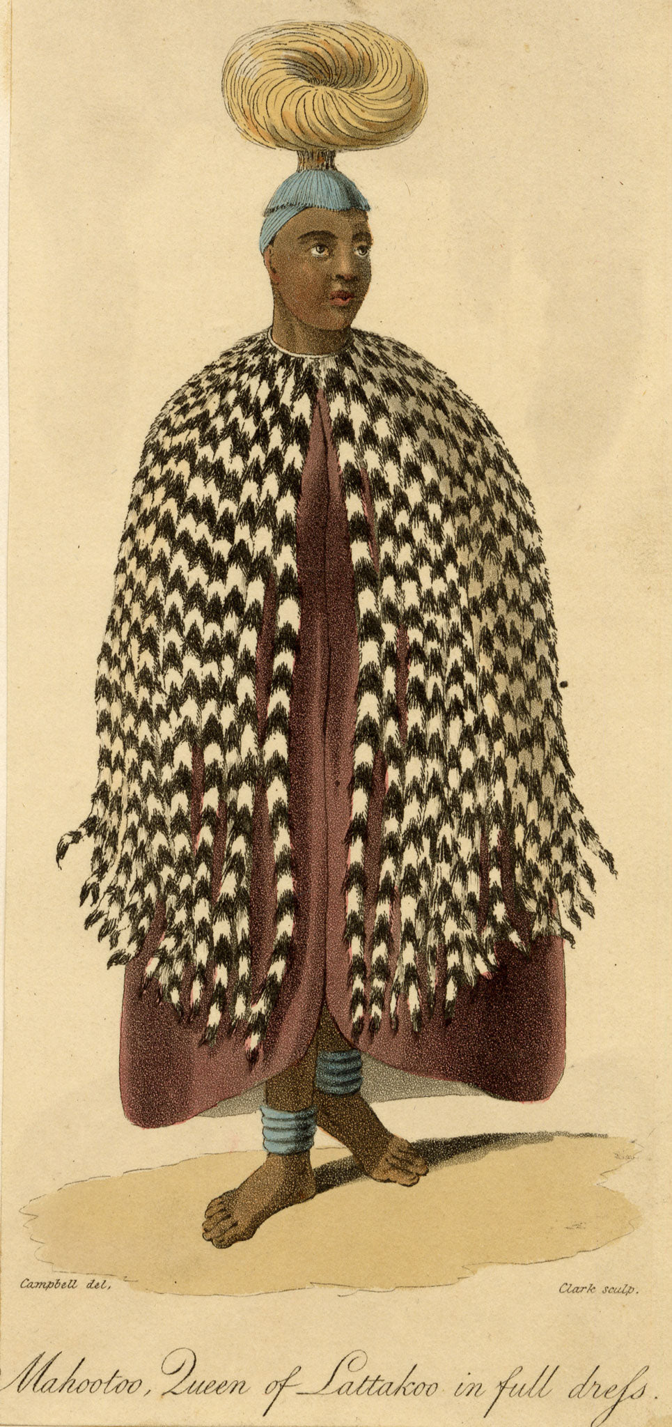 Clark after Rev John Campbell, Mahootoo, Queen of Lattakoo in Full Dress, South Africa – 1822 aquatint print
