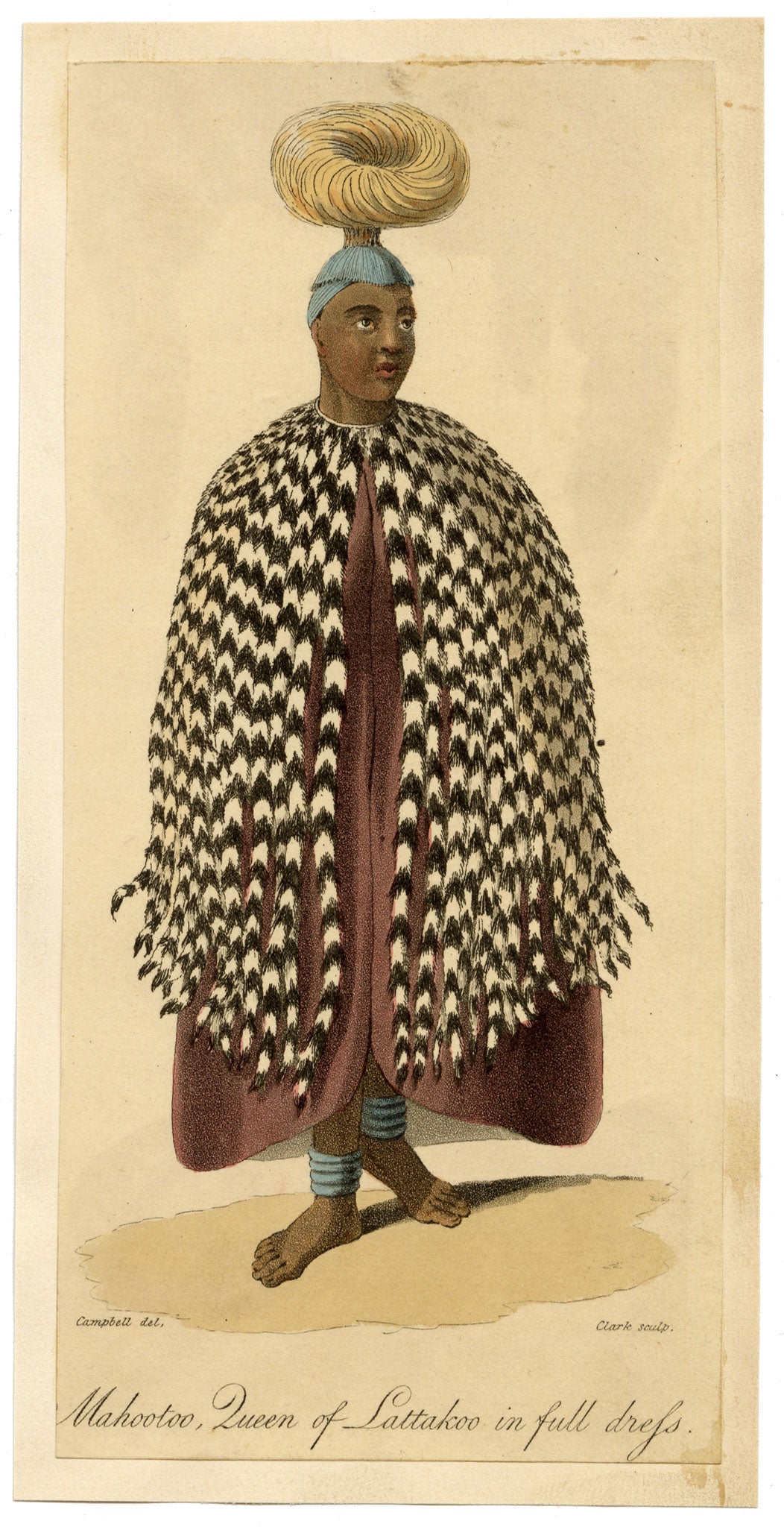 Clark after Rev John Campbell, Mahootoo, Queen of Lattakoo in Full Dress, South Africa – 1822 aquatint print