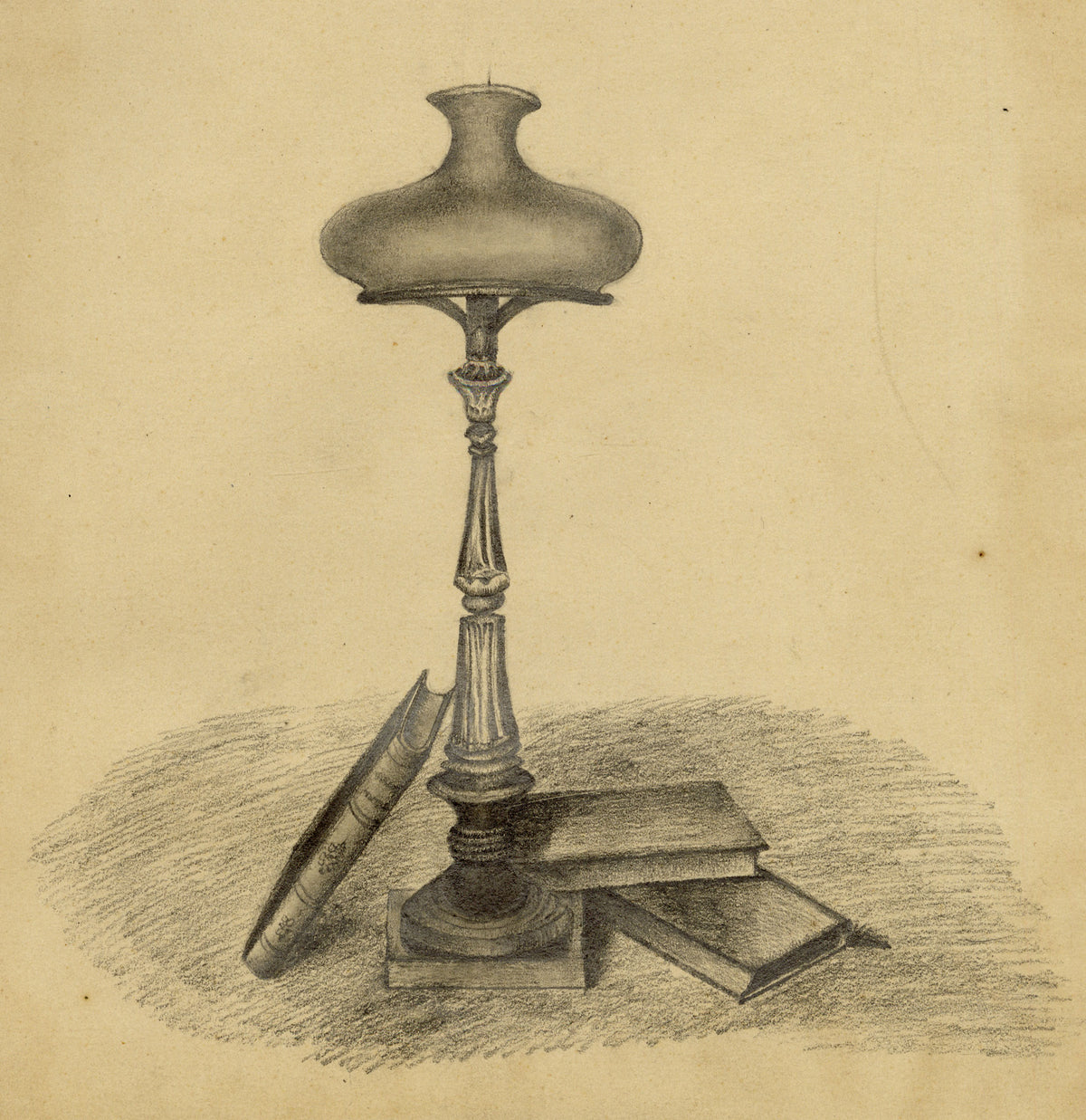 Anon., Victorian Candle Lamp with Books Still Life – Mid-19th-century graphite drawing