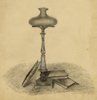 Anon., Victorian Candle Lamp with Books Still Life – Mid-19th-century graphite drawing