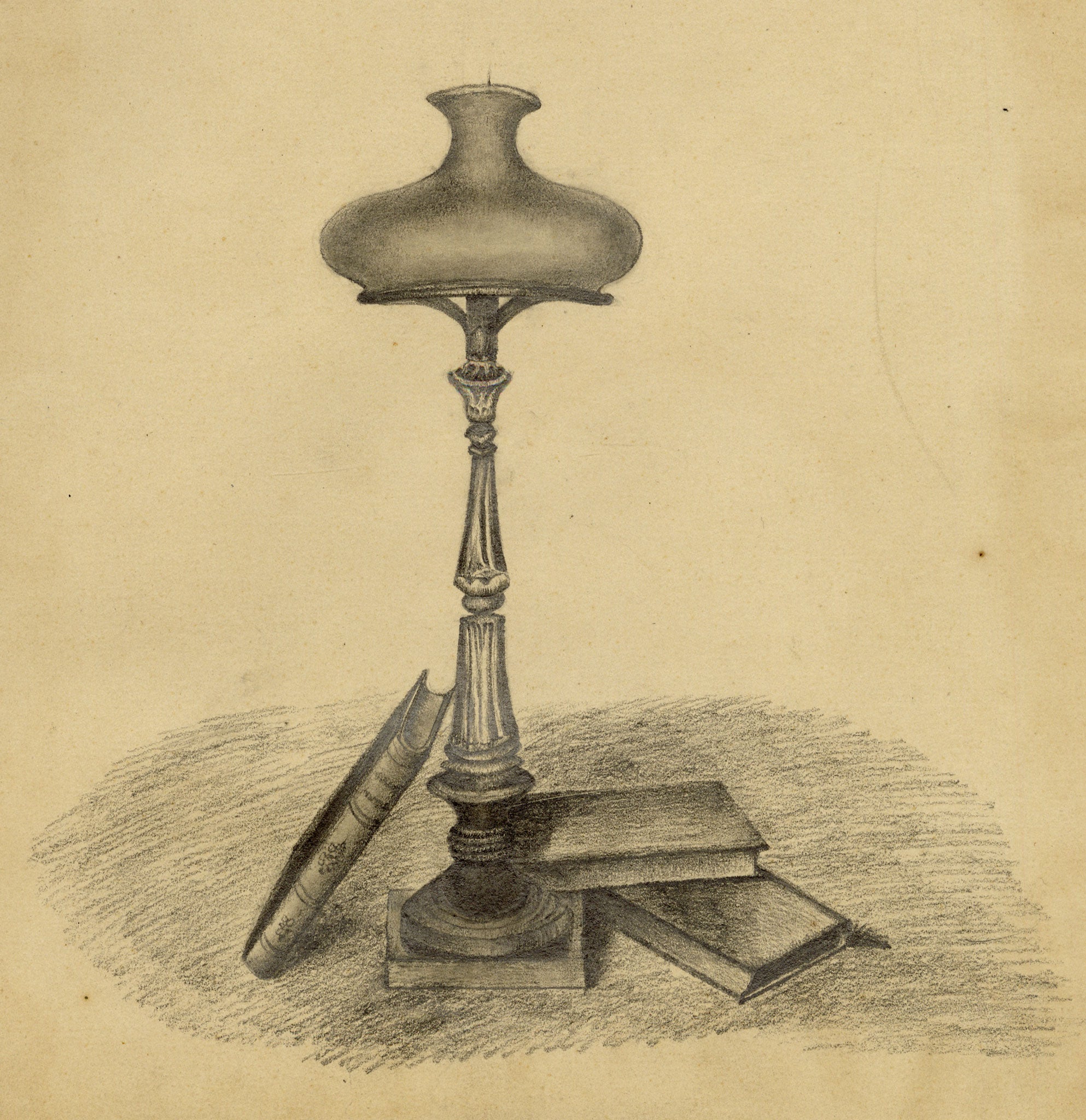 Anon., Victorian Candle Lamp with Books Still Life – Mid-19th-century graphite drawing
