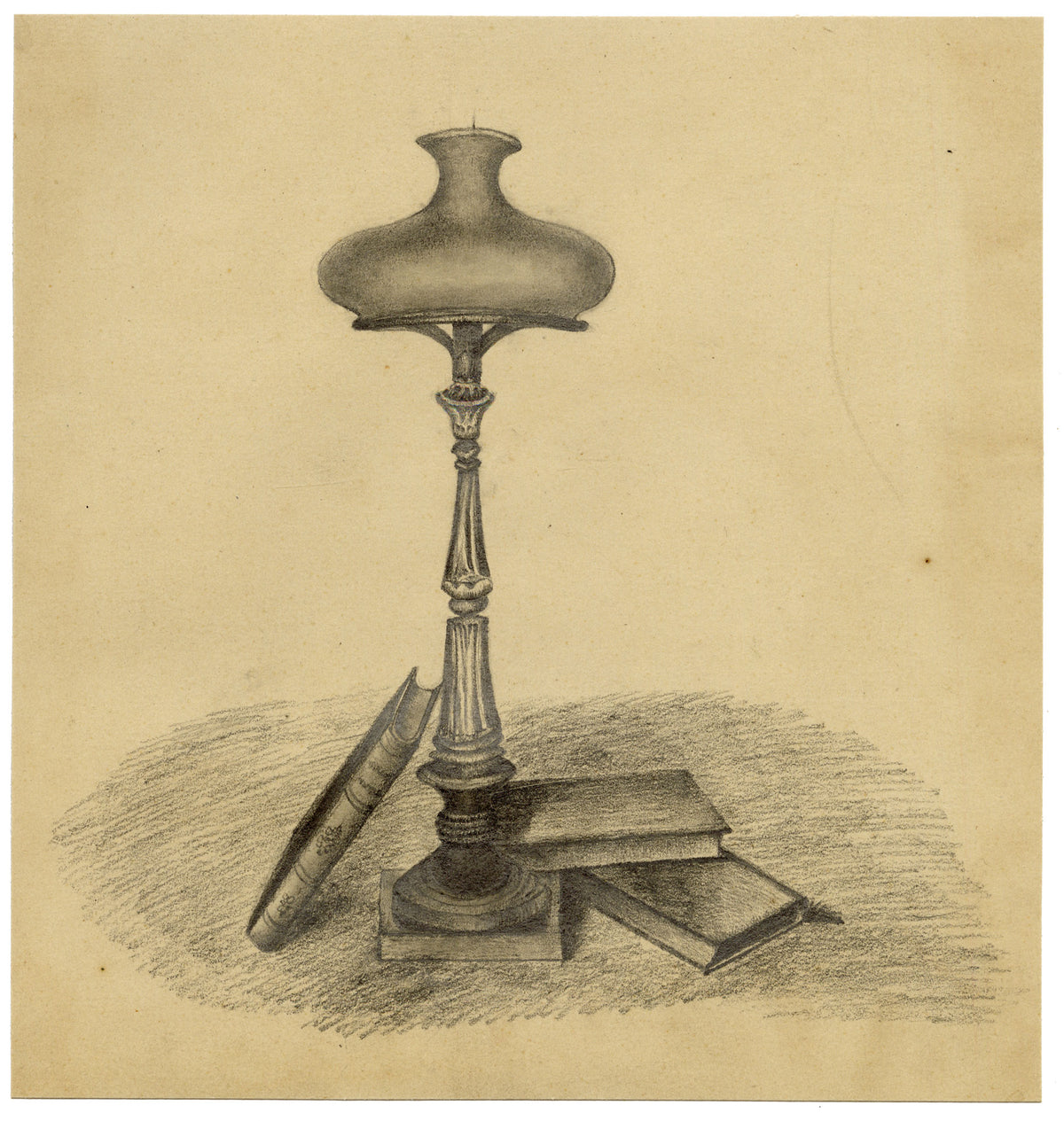 Anon., Victorian Candle Lamp with Books Still Life – Mid-19th-century graphite drawing